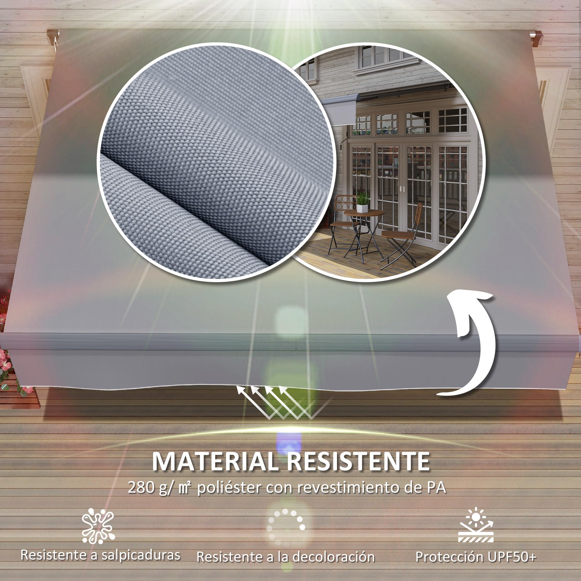 Outsunny Toldo Manual Retráctil 3x2 m Enrollable con Manivela UV50+ Gris | Toldo Exterior Terraza, Ajustable, Estructura de Aluminio y Metal, para Balcón Jardín