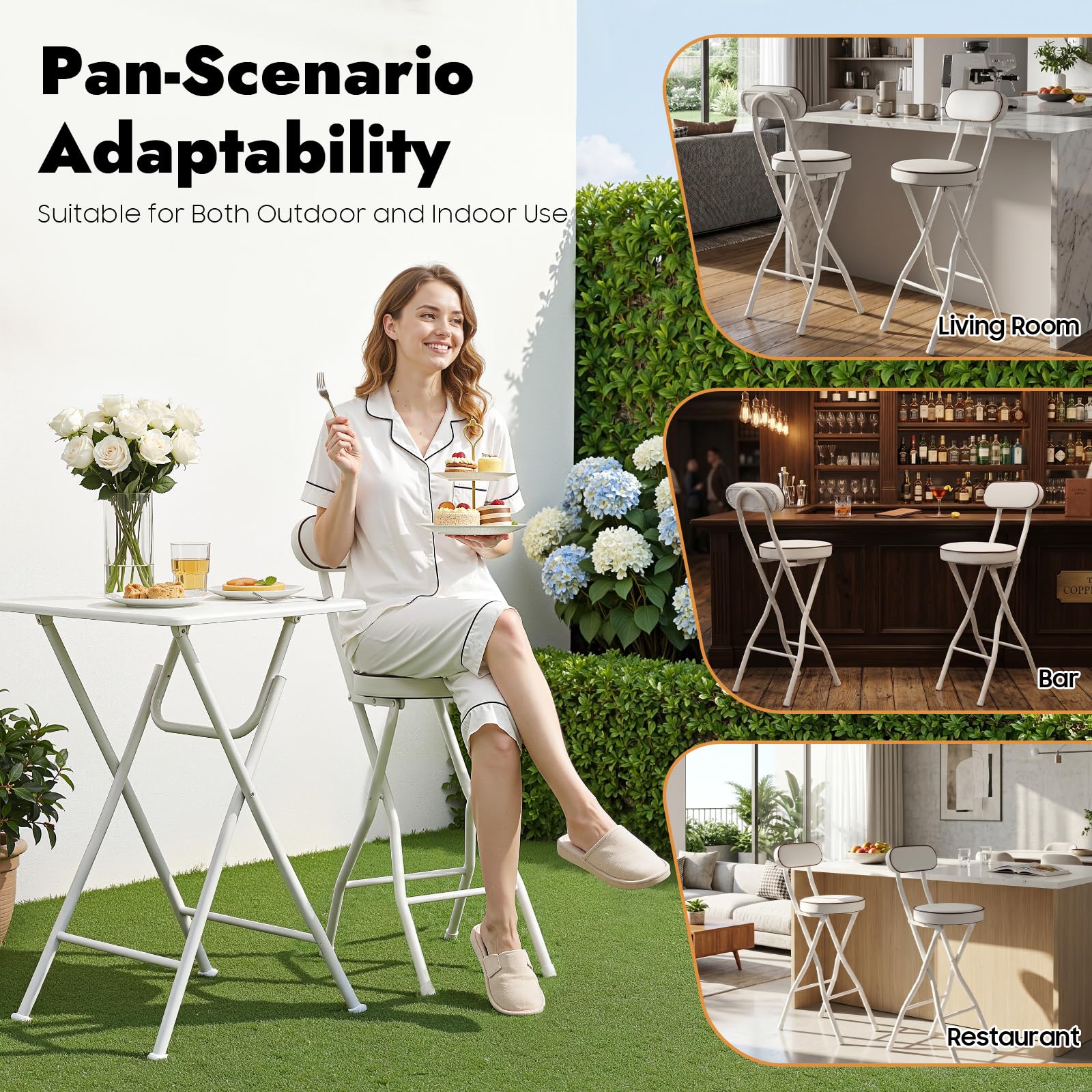 Juego de 2 taburetes plegables con respaldo y reposapiés, 65 cm de alto, estilo moderno, para cocina, comedor, oficina, color blanco