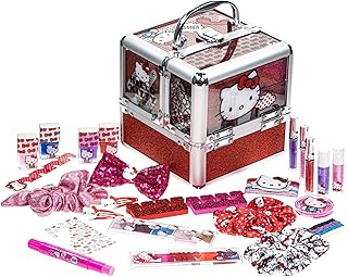 Hello Kitty Train Case Cosmetic Makeup Set Includes Lip Gloss, Eye Shimmer, Nail Polish, Hair Accessories & More! For Girls, Ages 6+ Perfect for Parties & Makeovers by Townley Girl