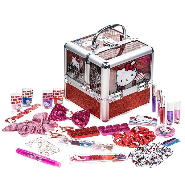 Hello Kitty Train Case Cosmetic Makeup Set Includes Lip Gloss, Eye Shimmer, Nail Polish, Hair Accessories & More! For Gi