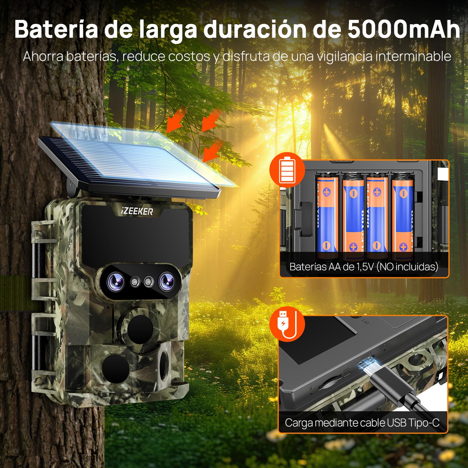iZEEKER Cámara de Caza WiFi, 4K 60MP Dual Lens Cámara Fototrampeo Caza con Visión Nocturna Starlight, Ángulo de Detección de 120°, 0.1s Tiempo de Activación con Tarjeta SD de 32GB y 4 Pilas AA