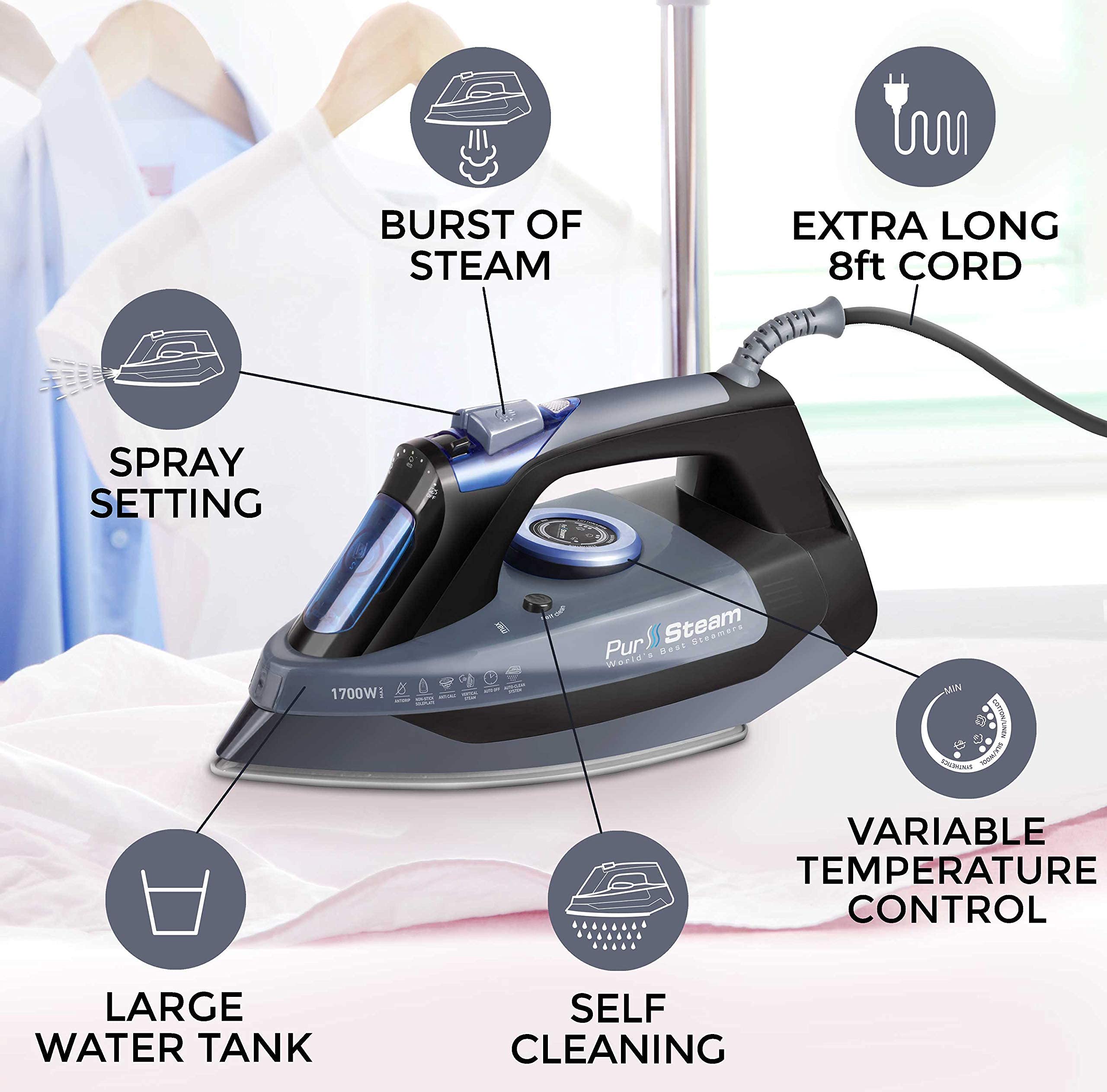 Professional Grade 1700W Steam Iron for Clothes with Rapid Even Heat