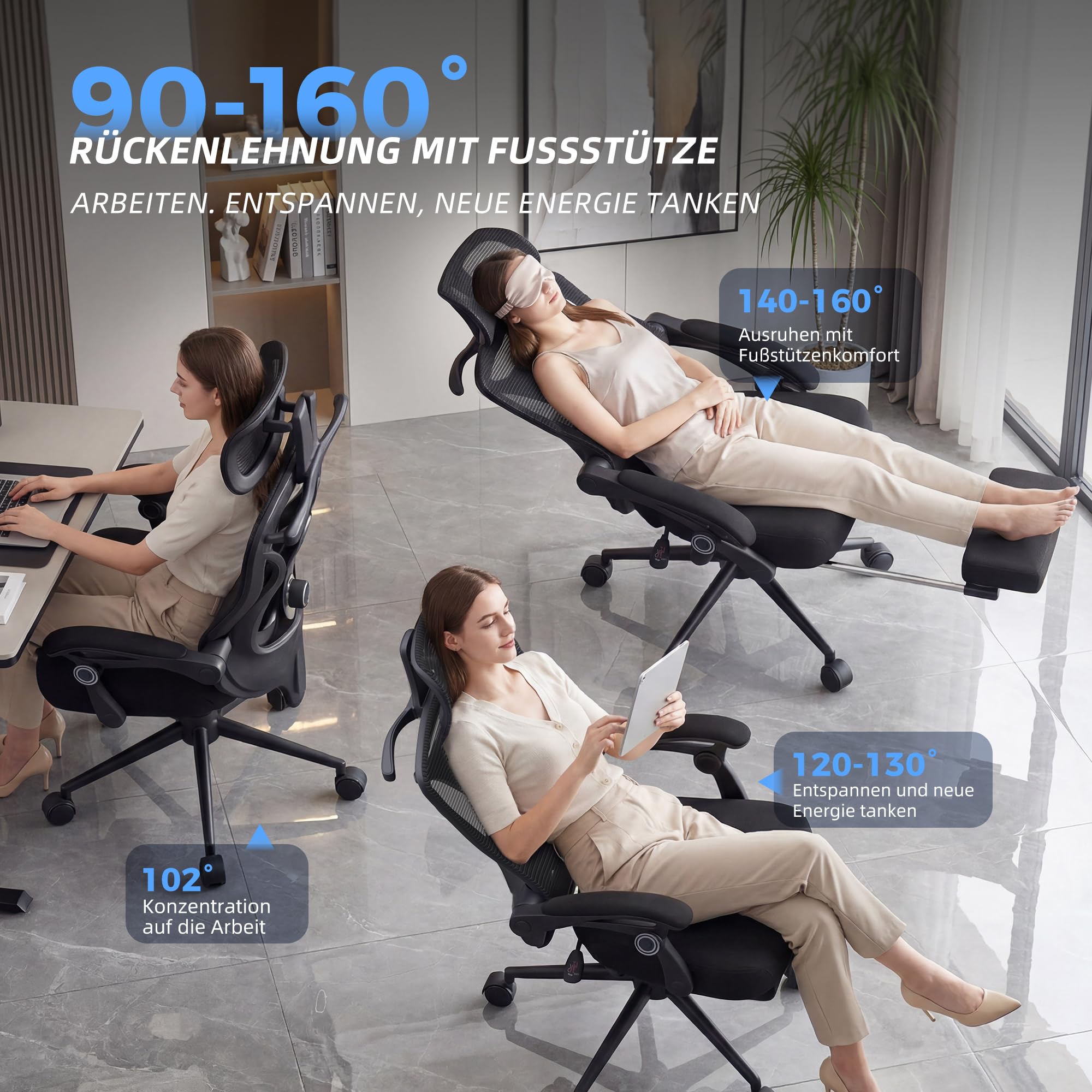 CYKOV Ergonomischer Bürostuhl mit Fußstütze, Büro Stuhl & Gaming Stuhl 150 kg+, 90-160° Verstellbare Rückenlehne, Verstellbare Lendenwirbelstütze und Kopfstütze, PC Stuhl & Drehstuhl für Home Office