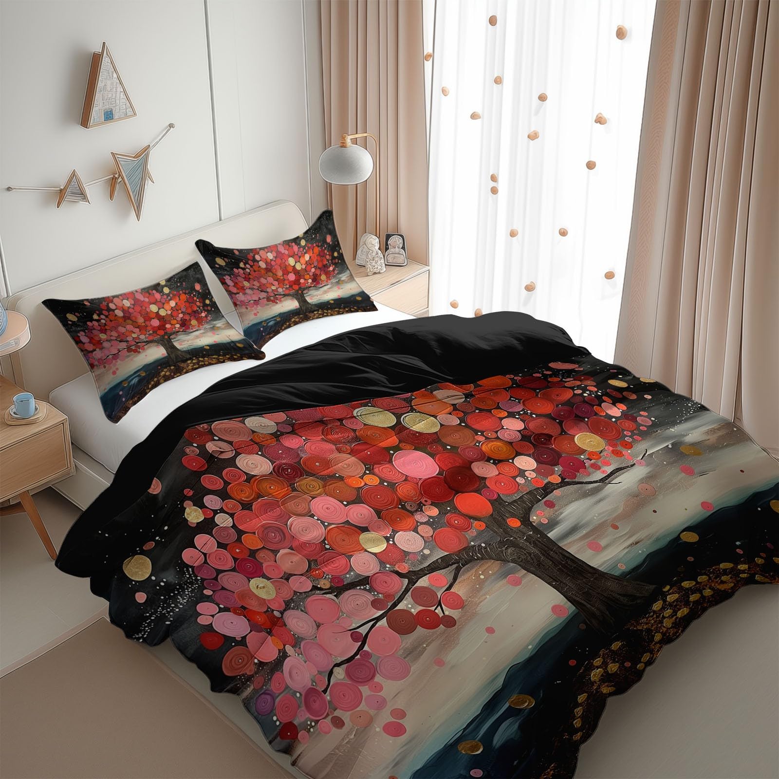 Beige Duvet Cover Twin Size 2 Pieces Oil Painting Red Leaves, Bedding Room Decor Bedspread for Kids Teens, Comforter Quilt Cover Bedding Set with Pillow Sham