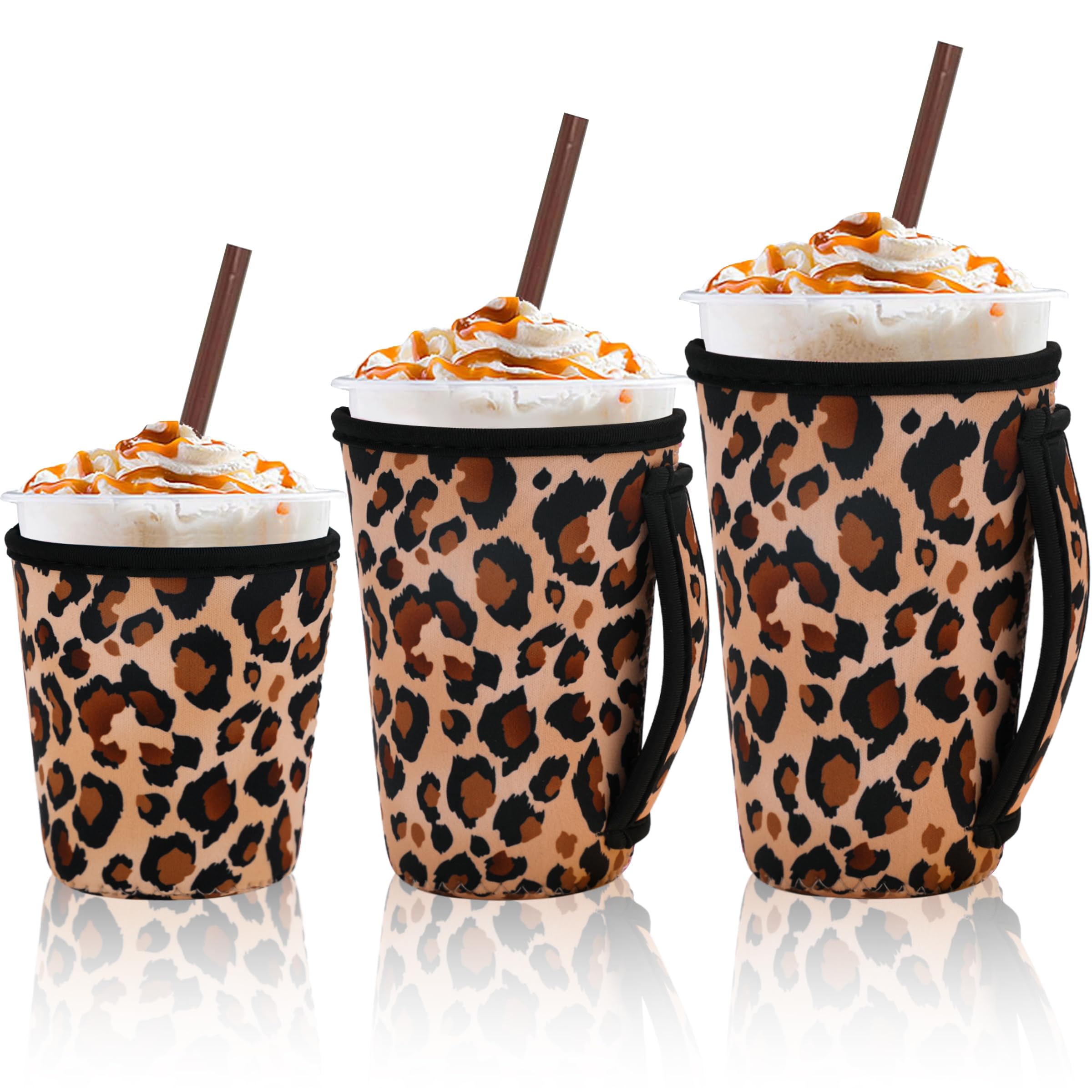 3 Piece Reusable Iced Coffee Sleeves Insulated Coffee Sleeves for 16-32 ounces of hot or cold coffee or iced beverages Compatible with Starbucks Dunkin Coffee cup and More (Leopard print)