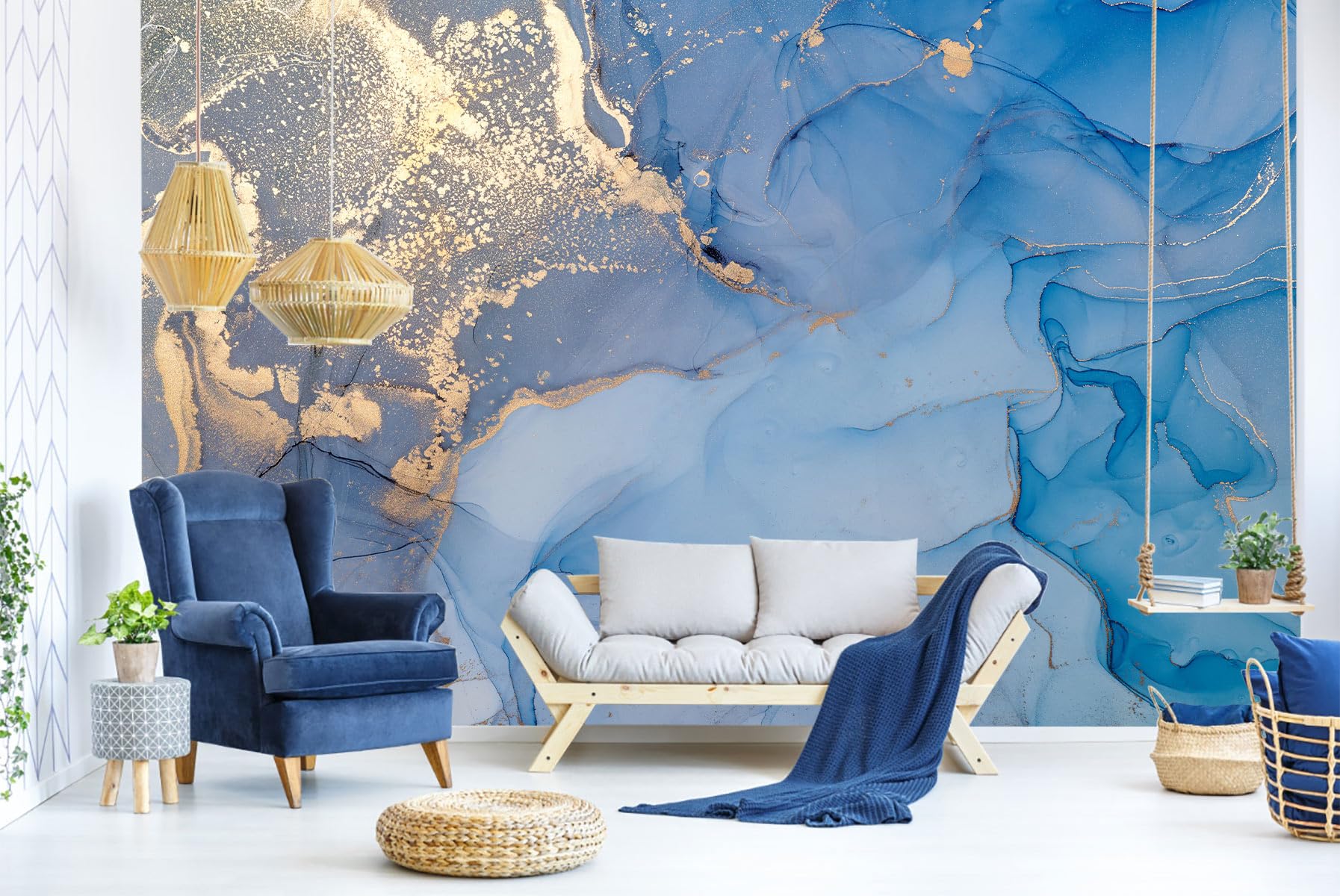 WFBHUA - Blue and Gold Marble Wallpaper Abstract Art Background Wall Mural (Not Peel and Stick)