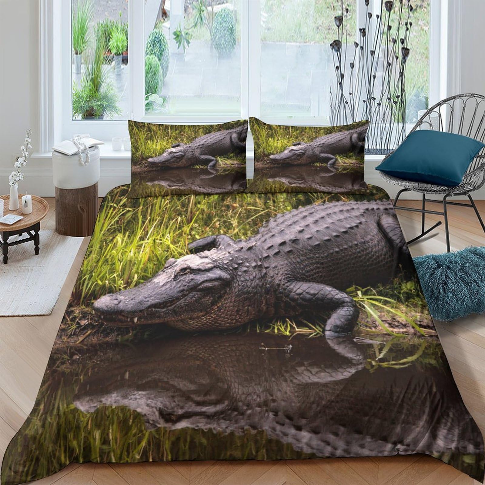 TUFRTGYHN 3D Printed Alligator Duvet Cover Microfiber Soft Breathable Marsh Wildlife Quilt Cover Set with 2 Pillowcases for Bedroom Decor Single（135x200cm）