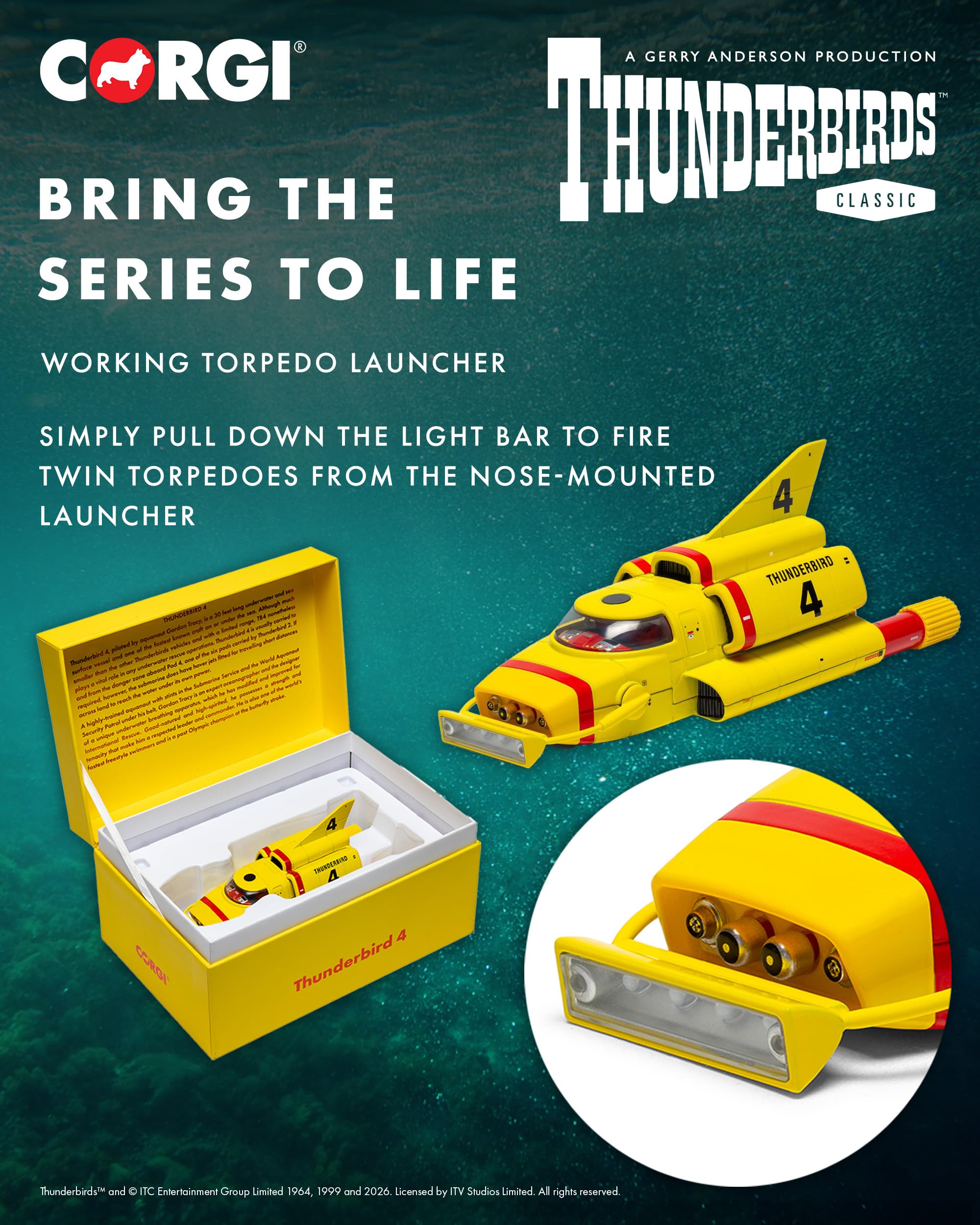 Corgi CC01401 Thunderbirds F.A.B. Collection – Modèle de sous-Marin Thunderbird 4 moulé sous Pression, modèle de Bateau pré-construit avec Double Lanceur de torpilles et Barre Lumineuse, modèles