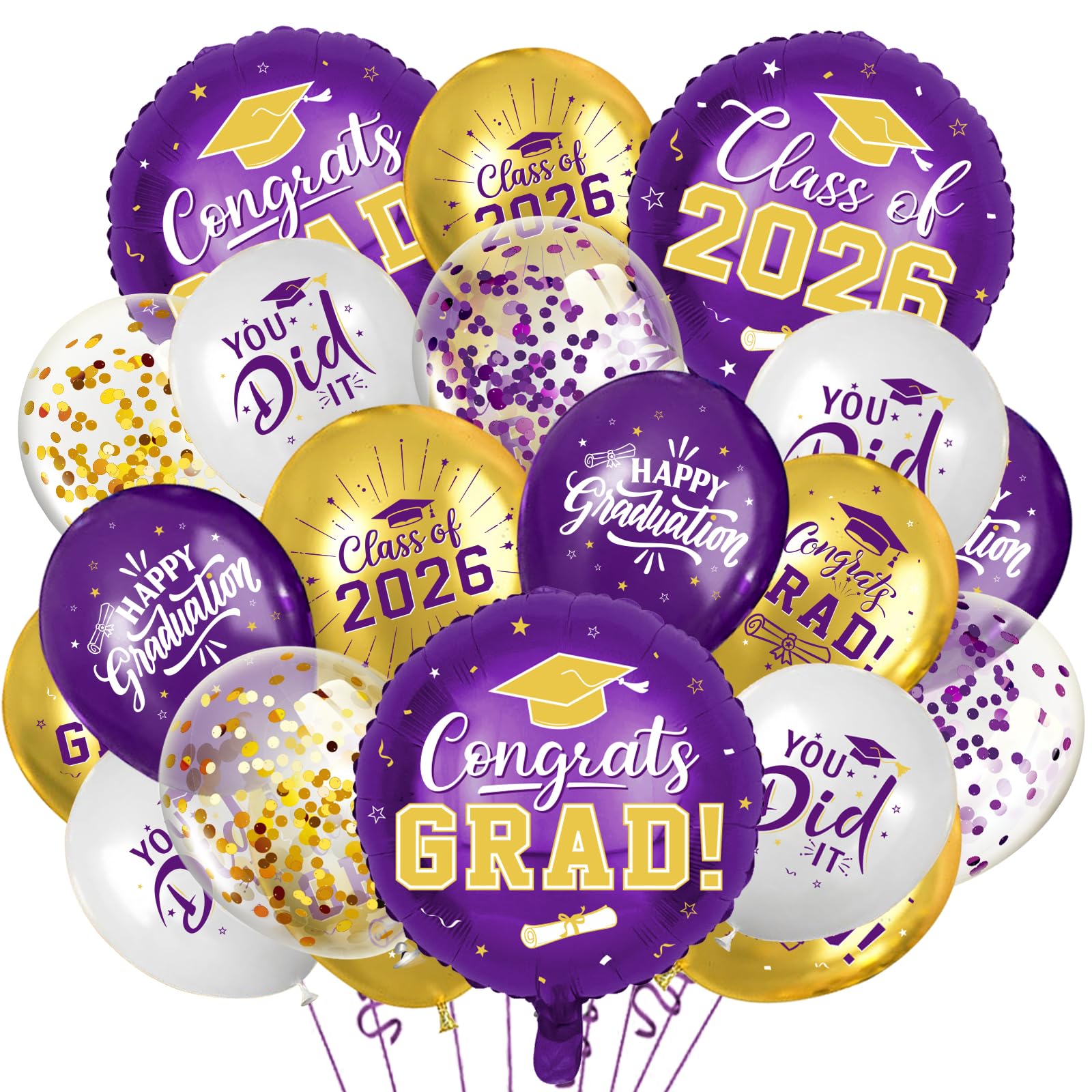 Purple and Gold Graduation Balloons Graduation Decorations 2026, 51Pcs Grad Latex Balloons and Grad Foil Balloon with Confetti Ribbons Grad Party Decorations for College High School