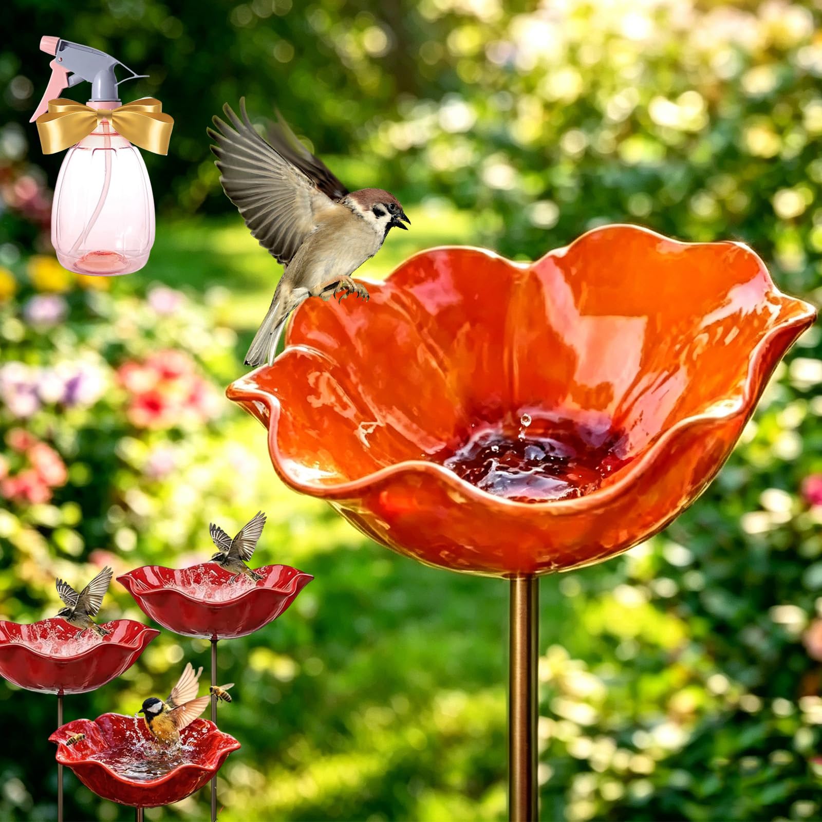 Snrtevu 2026 New Handmade Metal Flower Garden Stake, Metal Flowers For Garden, Metal Flower Garden Stake Bird Feeder, Flower Bird Bath Ground Plug Design For Yard, Lawn & Patio Decor (2, Orange)