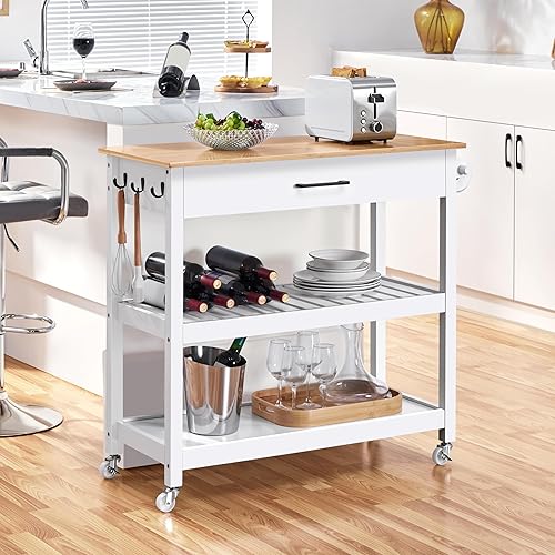 Miniatura 2 de Yaheetech Carrito de isla de cocina con ruedas con mesa de bambú, carrito de microondas de 3 niveles con cajón para isla de cocina, toalla