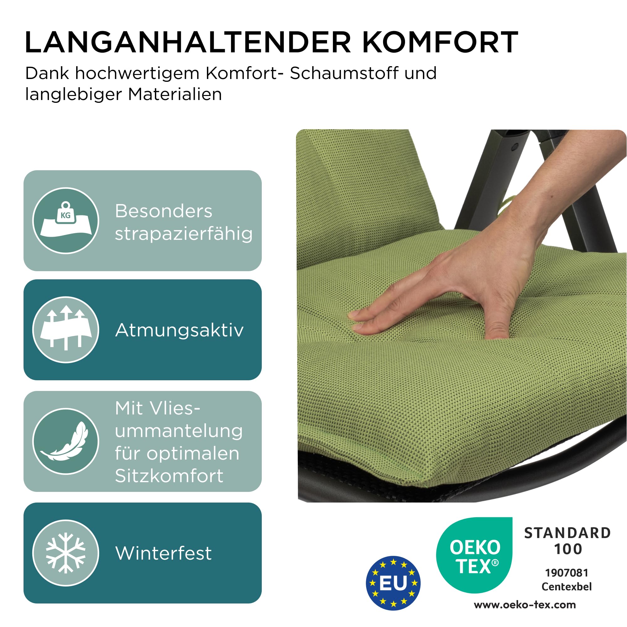 Gartenstuhlauflagen Hochlehner mit Kopfteil I Extra Dicke Sitzauflagen I Made in EU I Polsterauflagen für Hochlehner I Auflagen mit extra hoher Lichtechtheit I 2er Set I Grün