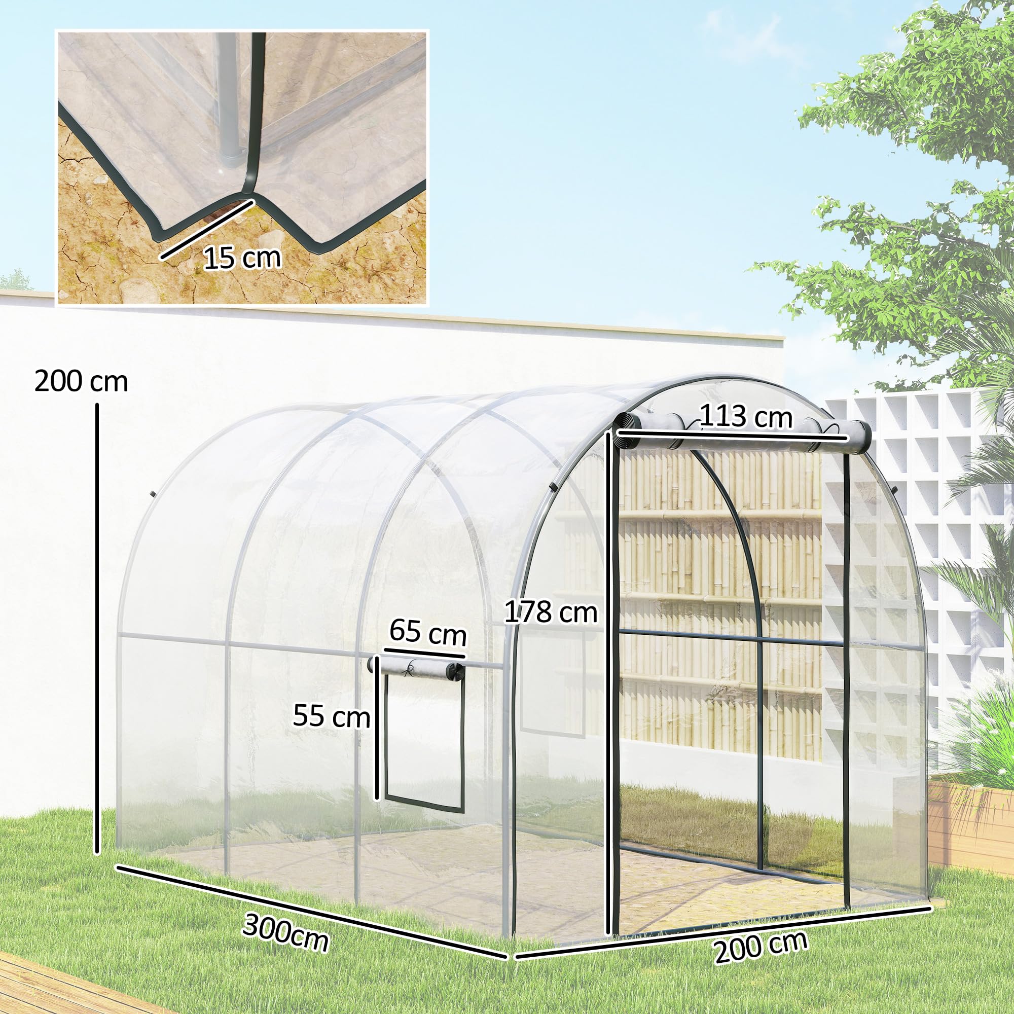 Outsunny Serre de Jardin Tunnel avec châssis Tubulaire renforcé Surface Sol 6 m² Porte zippée 2 fenêtres enroulables Serre à tomates 3L x 2l x 2H m - Transparent