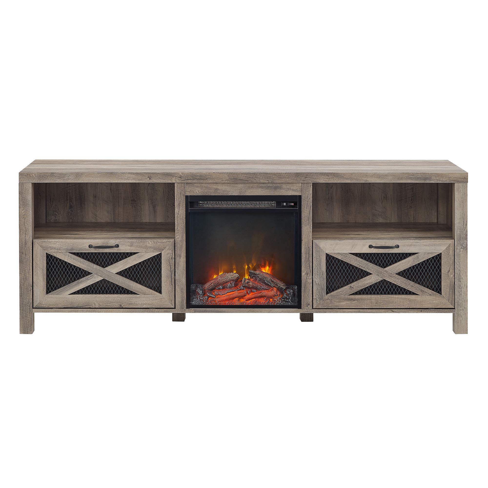 Walker Edison Calgary Industrial Farmhouse X-Drawer Metal Mesh and Wood Fireplace TV Stand for TVs up to 80 Inches, 70 Inch, Grey Wash