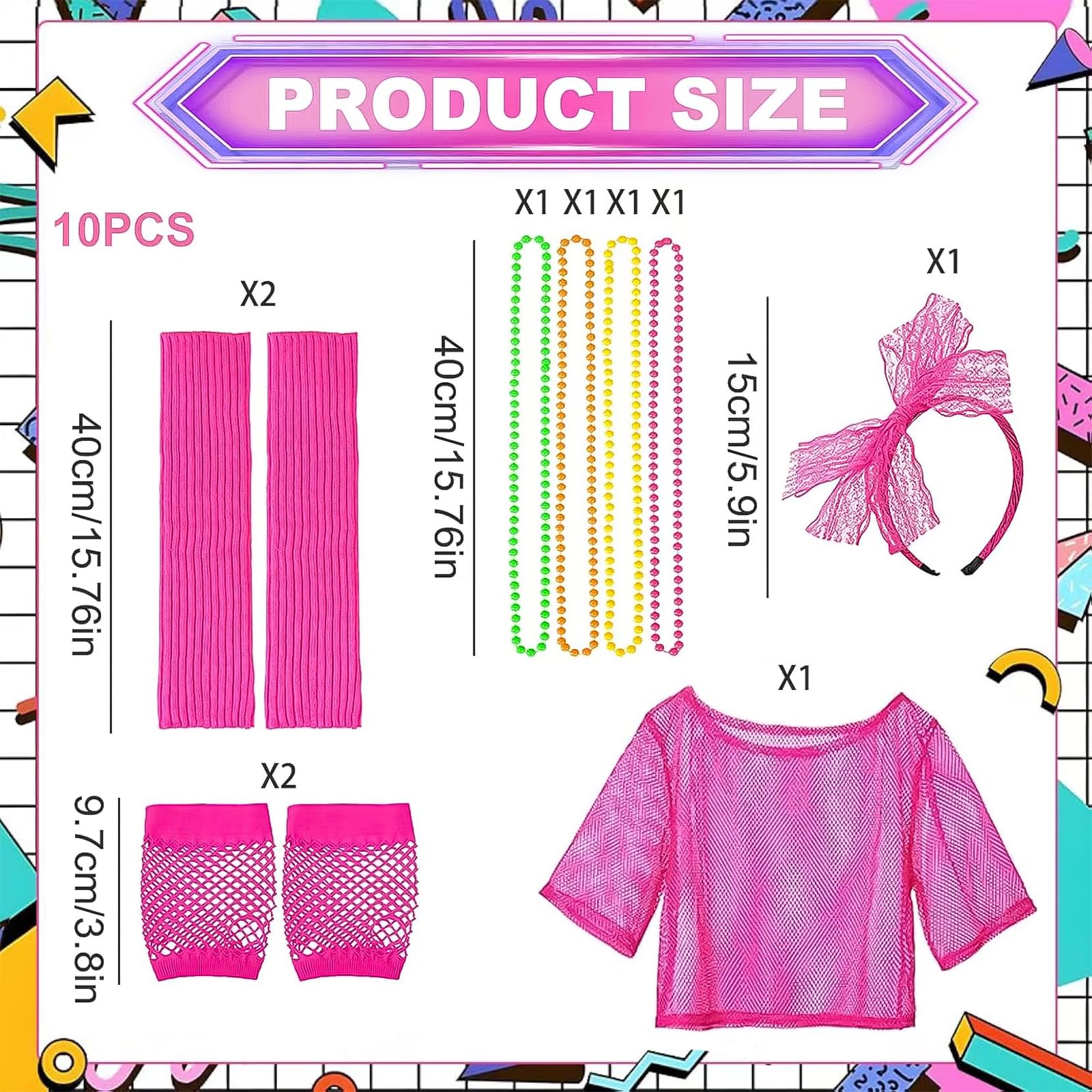 I LOVE FANCY DRESS Costume da donna anni '80, rosa fluo, con accessori, costume anni '80, tutù rosa acceso, scaldamuscoli, guanti a rete e collane di perline, standard
