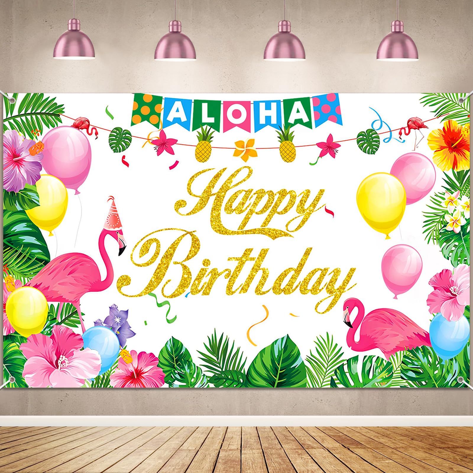 Hawaiian Luau Birthday Backdrop Banner,Aloha Luau Party Decorations Supplies,Flamingo Birthday Backdrop Banner, Summer Beach Photography Background,