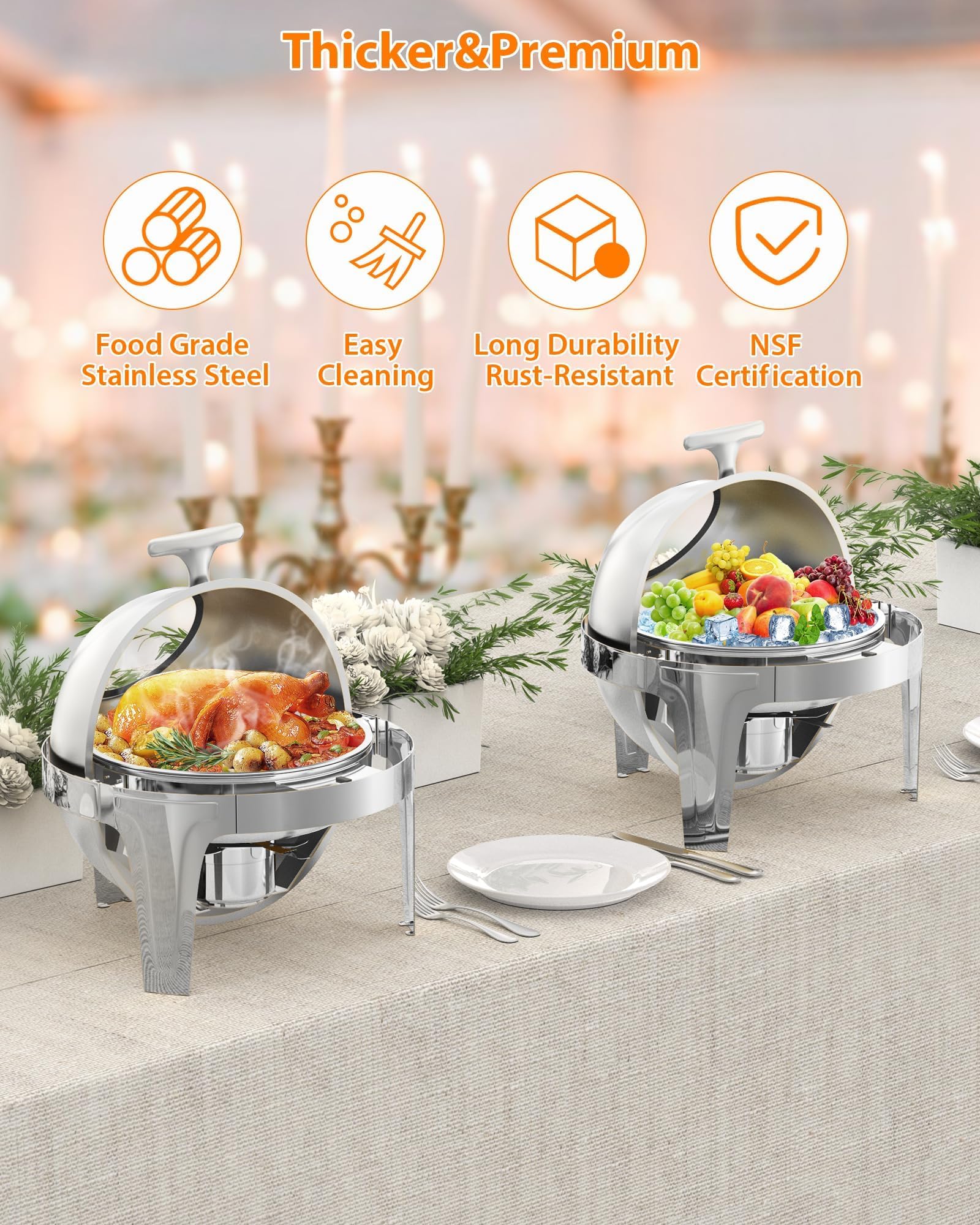 Chafing Dish Redondo 6L, Calentador de Comida con Tapa Enrollable y Ventana de Vidrio, Set de Catering Acero Inoxidable para Buffet y Banquetes, Soporte Combustible, Plateado
