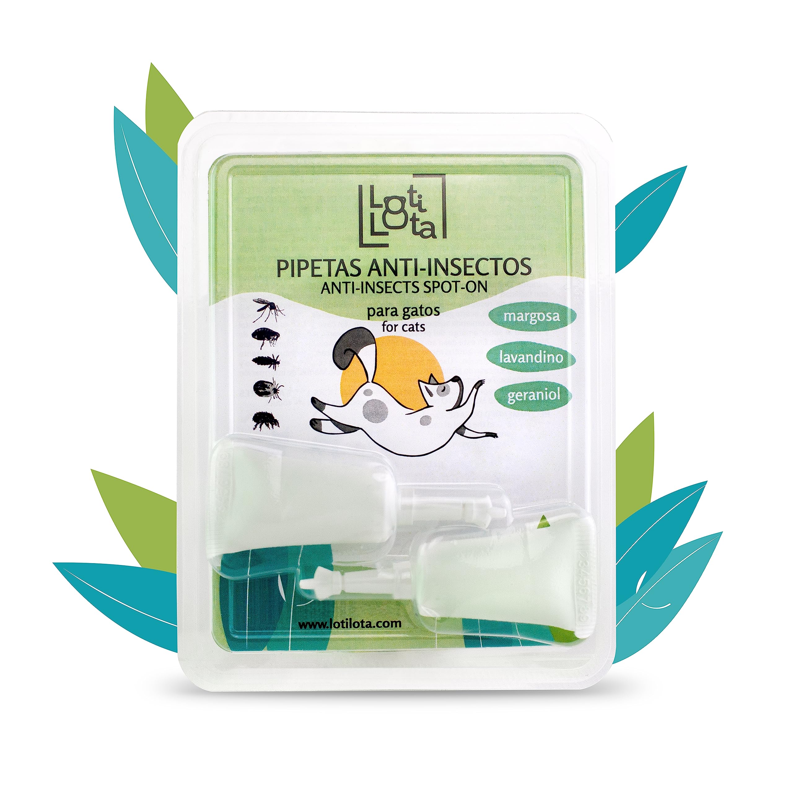 LOTI LOTA Pipetas Anti-Insectos para Gatos - Activos 100% Naturales - Contienen Margosa, Geraniol, Lavandino - Ingredientes Naturales - Pulgas, Garrapatas e Insectos - Blister de 2 Uds