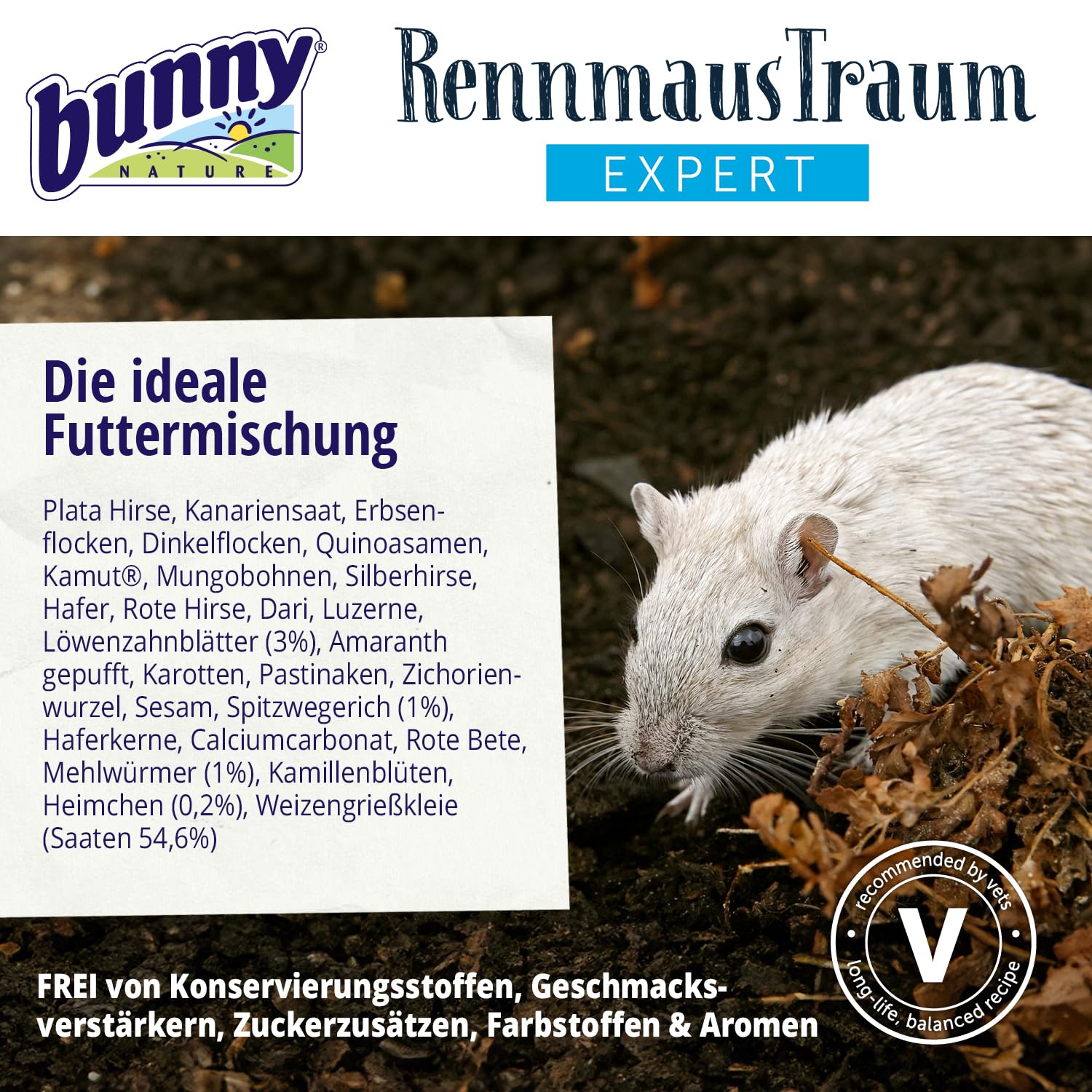 bunny Nature RennmausTraum Expert – Mangime completo per gerbilli – Mix di mangime per roditori con vitamine, ingredienti potenti e vermi – 500 g