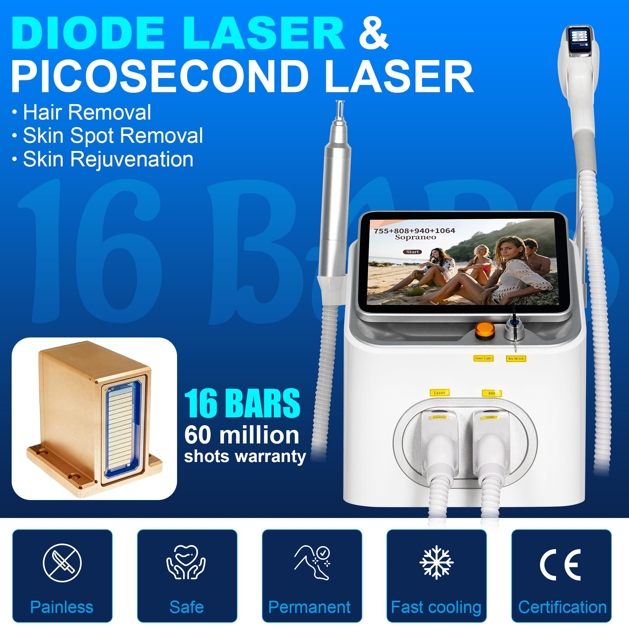 16 barre Epilazione laser 2 in 1 Rimozione tatuaggi con laser Pico | 755nm/808nm/940nm/1064nm Rimozione di macchie cutanee, rimozione di cicatrici da acne, rimozione di nei