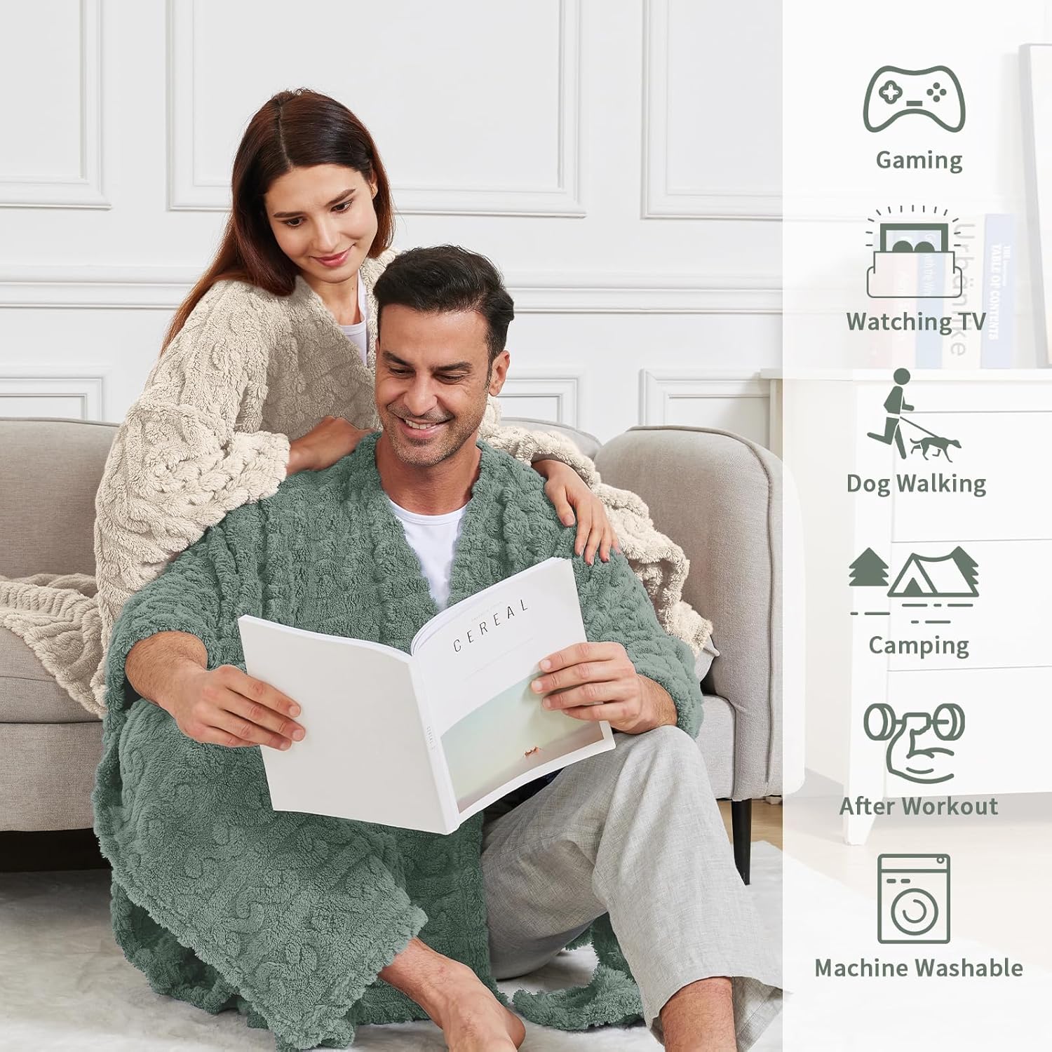 Wearable Blanket Sherpa Fleece Shawl Blanket with Pockets Blanket Poncho Cape for Adults, Cozy Shawl TV Throw Blankets - Image 2