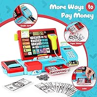 Vista 4 de 52 PIEZAS Caja Registradora de Juguete para Niños con Sonido Música/Escáner/Micrófono/Tarjeta de Crédito/Dinero de Juego, Juguete de Aprendizaje