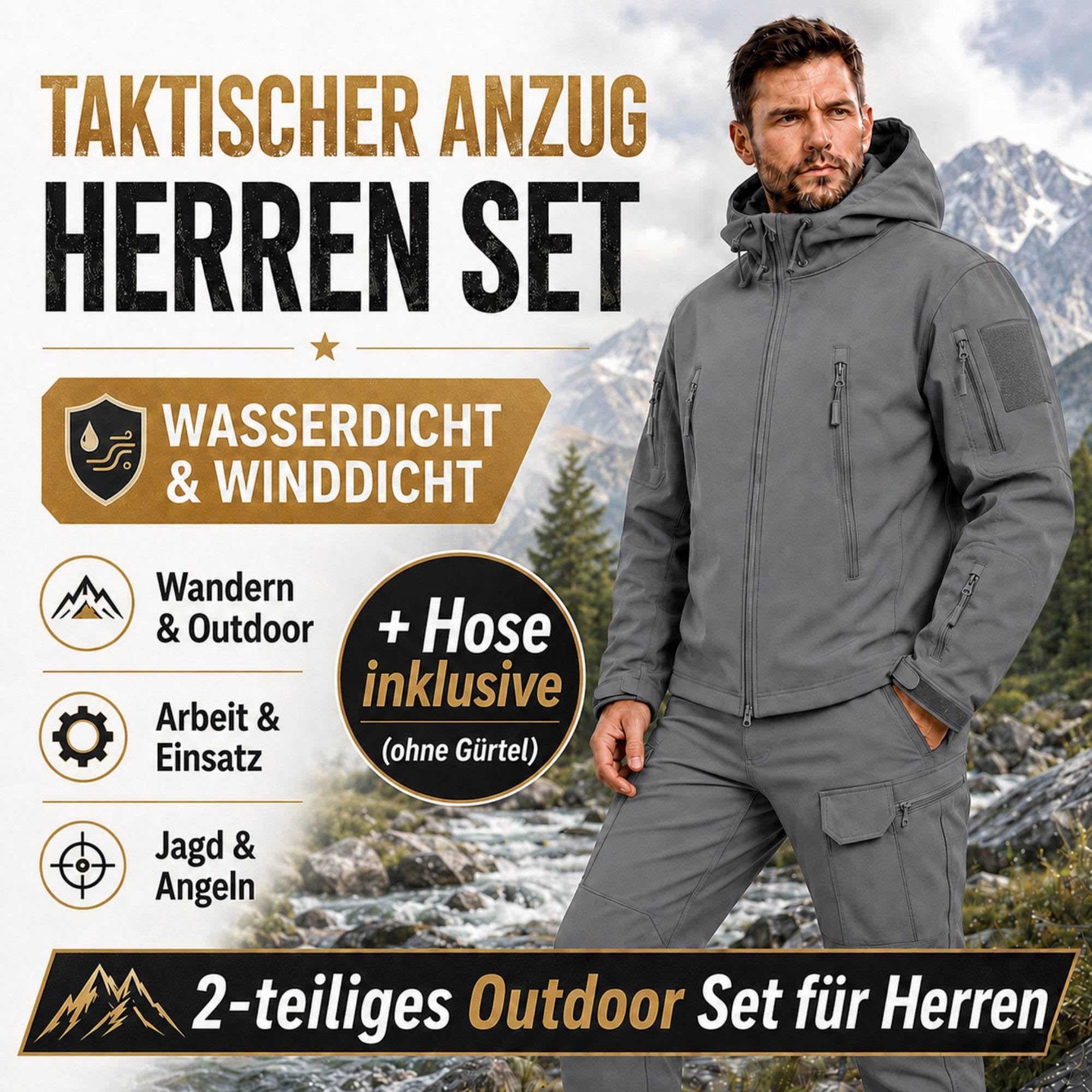 Taktischer Anzug Herren Set, Taktische Jacke Herren und Taktische Hose Herren, Softshell Outdoor Kleidung Militär Style, Wasserabweisend & Winddicht für Jagd, Wandern, Camping, Arbeit