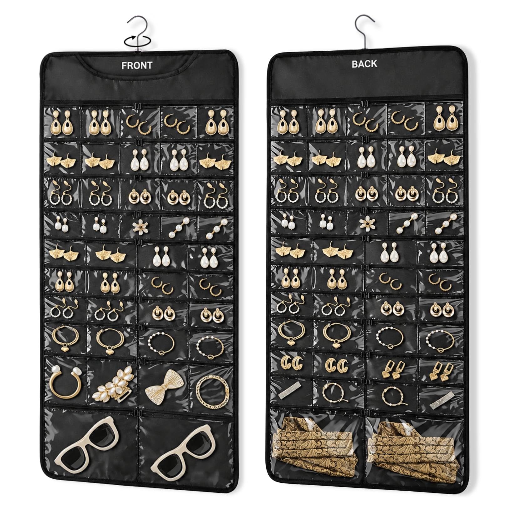 FOREGOER Hanging Jewelry Organizer 88 Zippered Pocket, 2-Sided,1 Pack Black