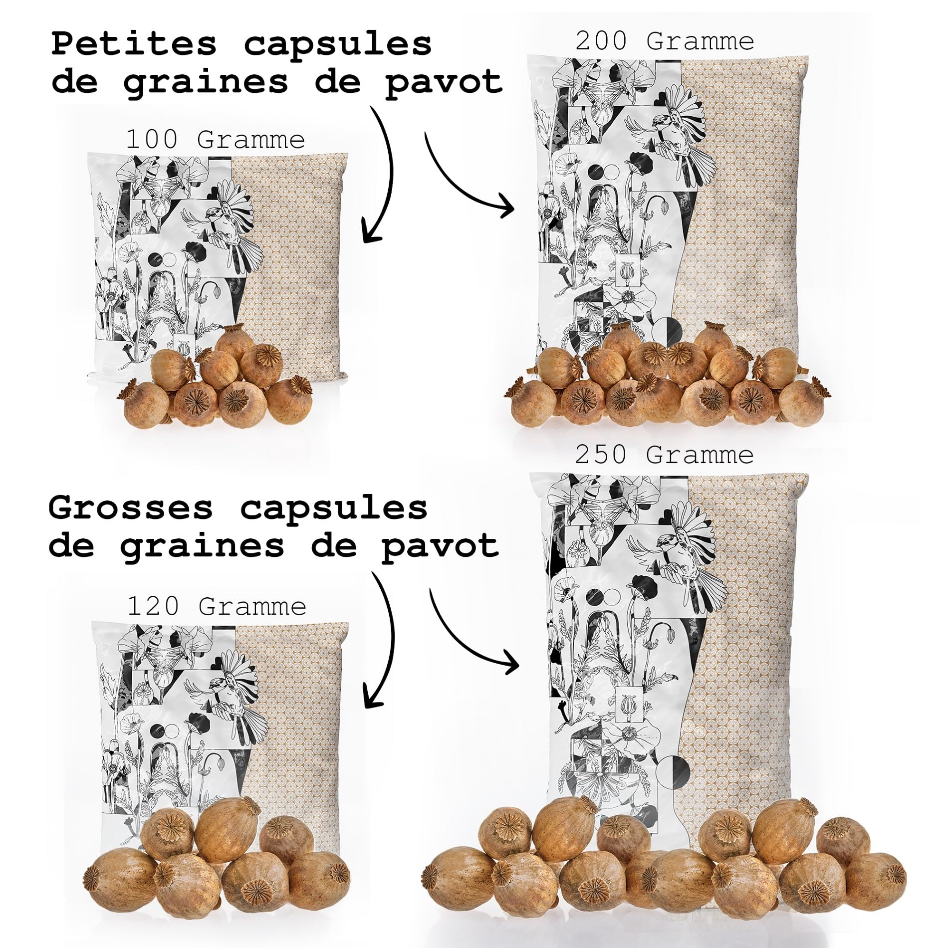 Capsules de graines de Pavot séchées sans Manche, Accessoires de Bricolage & décoration (Petit 200 g)