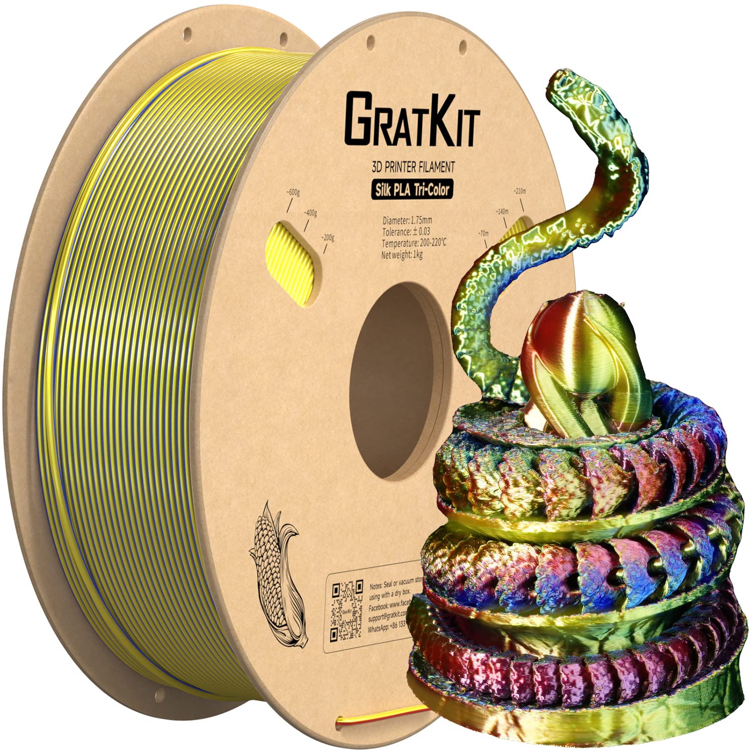 Gratkit Silk Tri-Color PLA Filament，Coextrusion PLA Filament 1.75mm, +/-0.03mm, 1KG/Roll, Silk PLA Red & Yellow & Blue