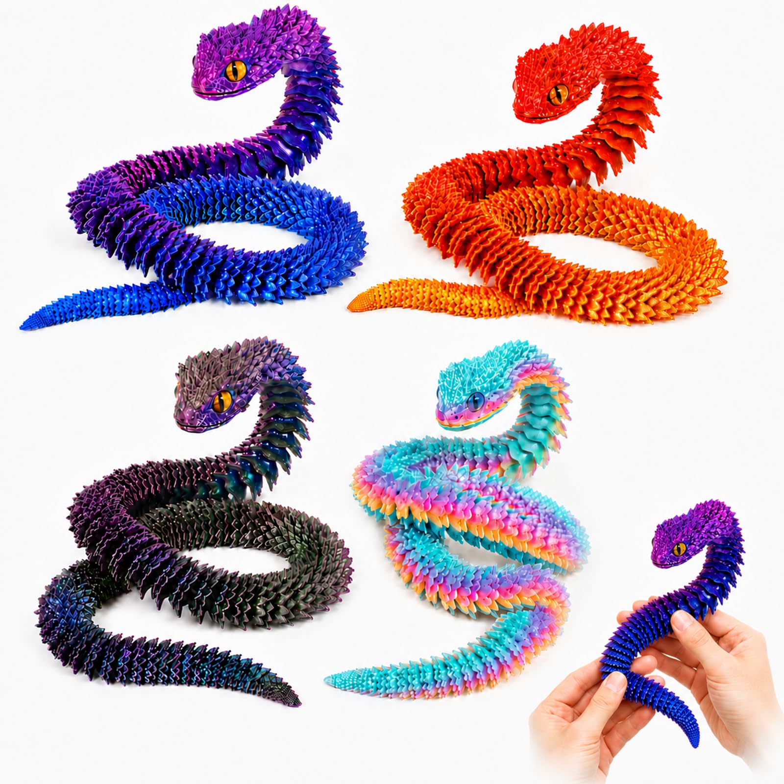 GETFACAI 4PCS 3D Printed Snake, Articulated 3D Printed Animal Set, Desktop Decoration, Vibrant Colour Selection Including Red Blue, Red Gold, Rainbow and Candy