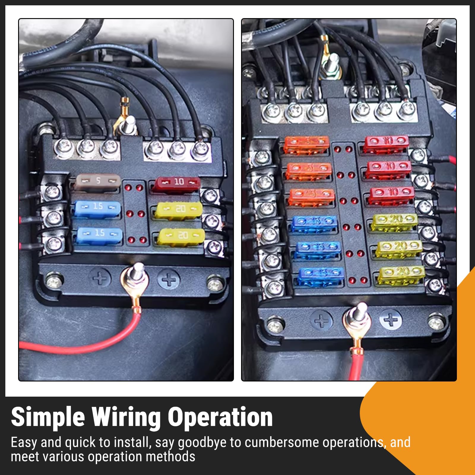 6-drożna skrzynka bezpieczników 12 V, z 12 bezpiecznikami LED, osłona ochronna, przyłącza dodatnie i ujemne, do samochodu, łodzi morskiej, ciężarówki SUV