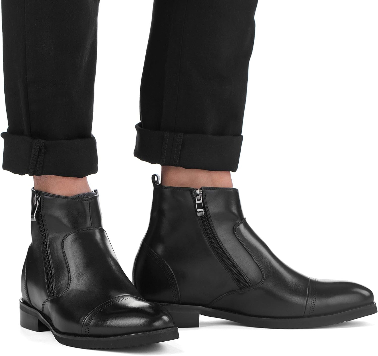 CALTO Men's Invisible Height Increasing Elevator Shoes - Black Premium Leather Lightweight Zipper Boots - 2.8 Inches Taller - S28001 - Size 12 D(M) US - Image 2