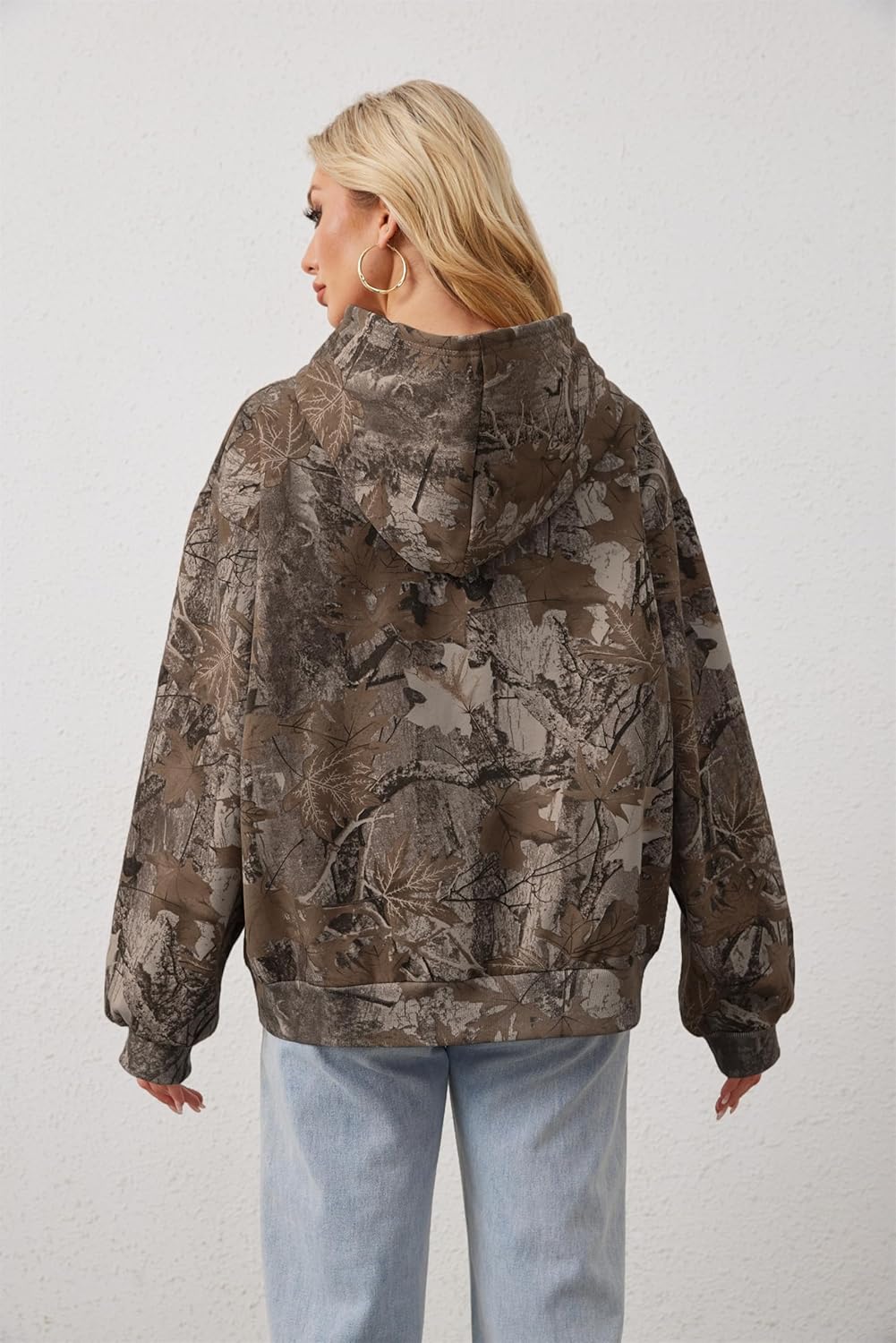 Womens Mens Camo Zip Up Hoodie Maple Leaf Print Oversized Hooded Sweatshirt Fleece Long Sleeve Jacket - Image 4