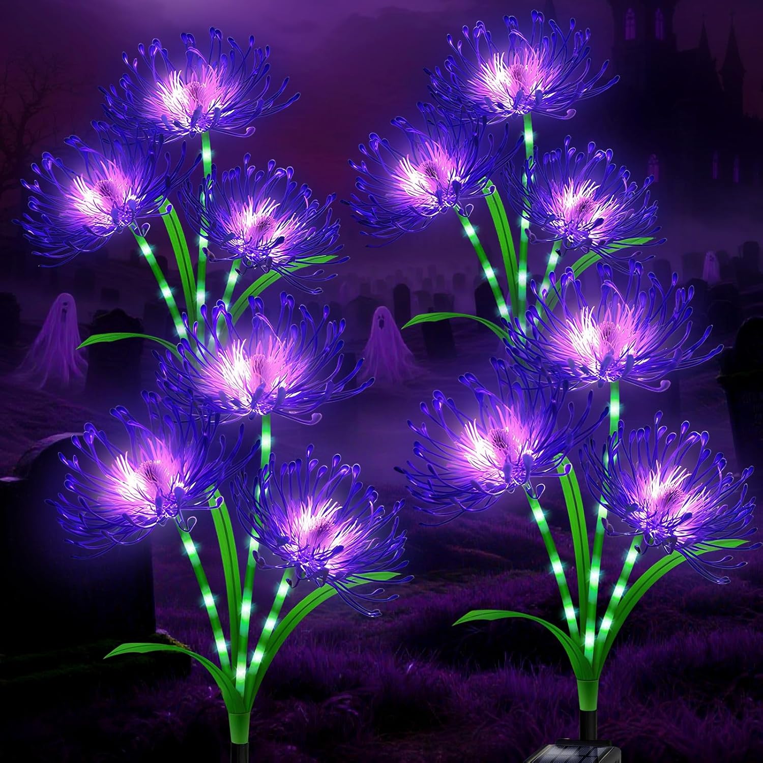 Halloween Solar Lights Outdoor  Purple Spider Lily Flowers,4 Pack 12-Head with Glowing Stems,Waterproof Solar Powered Garden Decor for Yard,Patio,Lawn,Spooky Halloween Decorations & Gifts