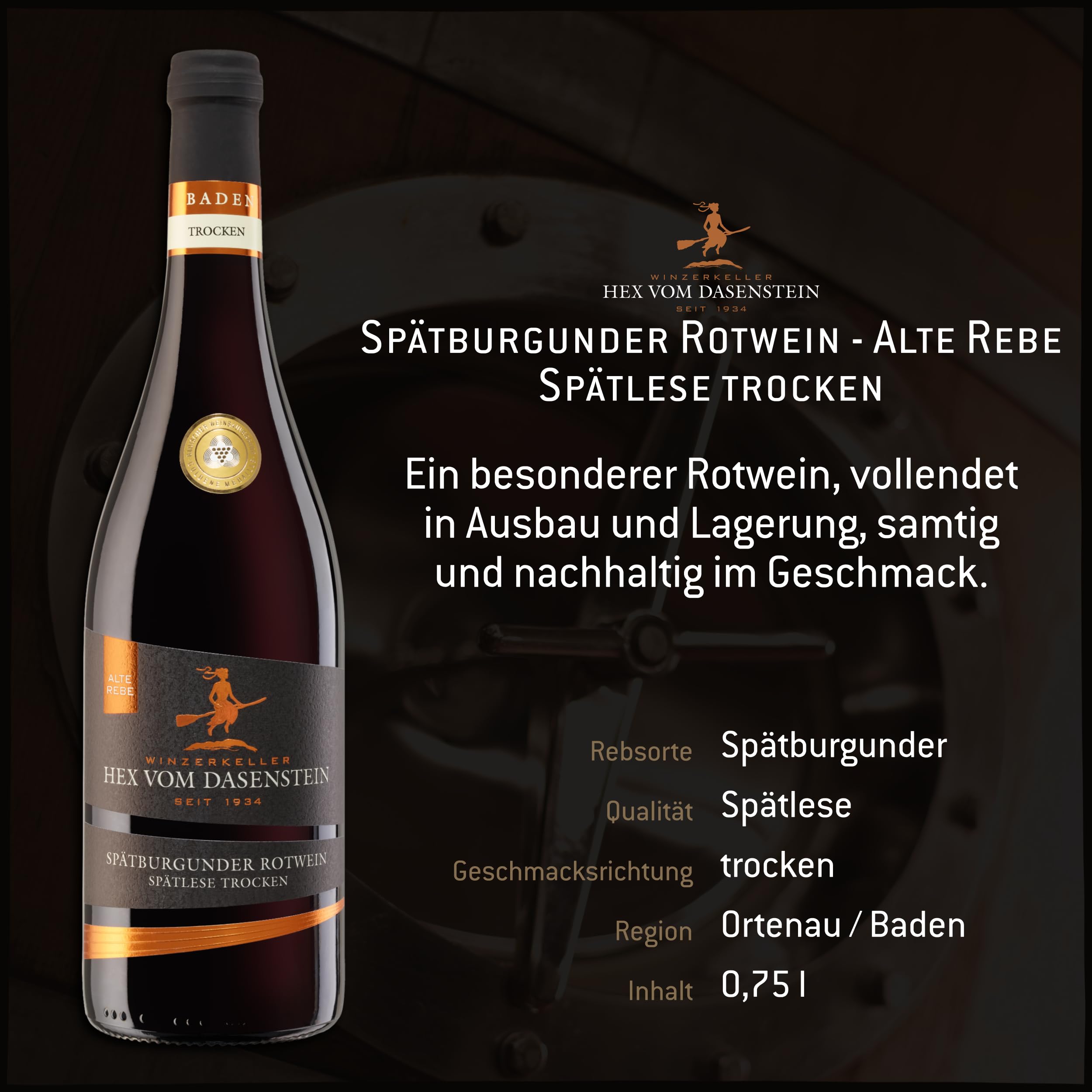 Hex vom Dasenstein Spätburgunder Rotwein Spätlese trocken ALTE REBEN - vollendet in Ausbau und Lagerung, samtig und nachhaltig im Geschmack - Badischer Wein, Anbaugebiet Ortenau (3 x 0,75l)