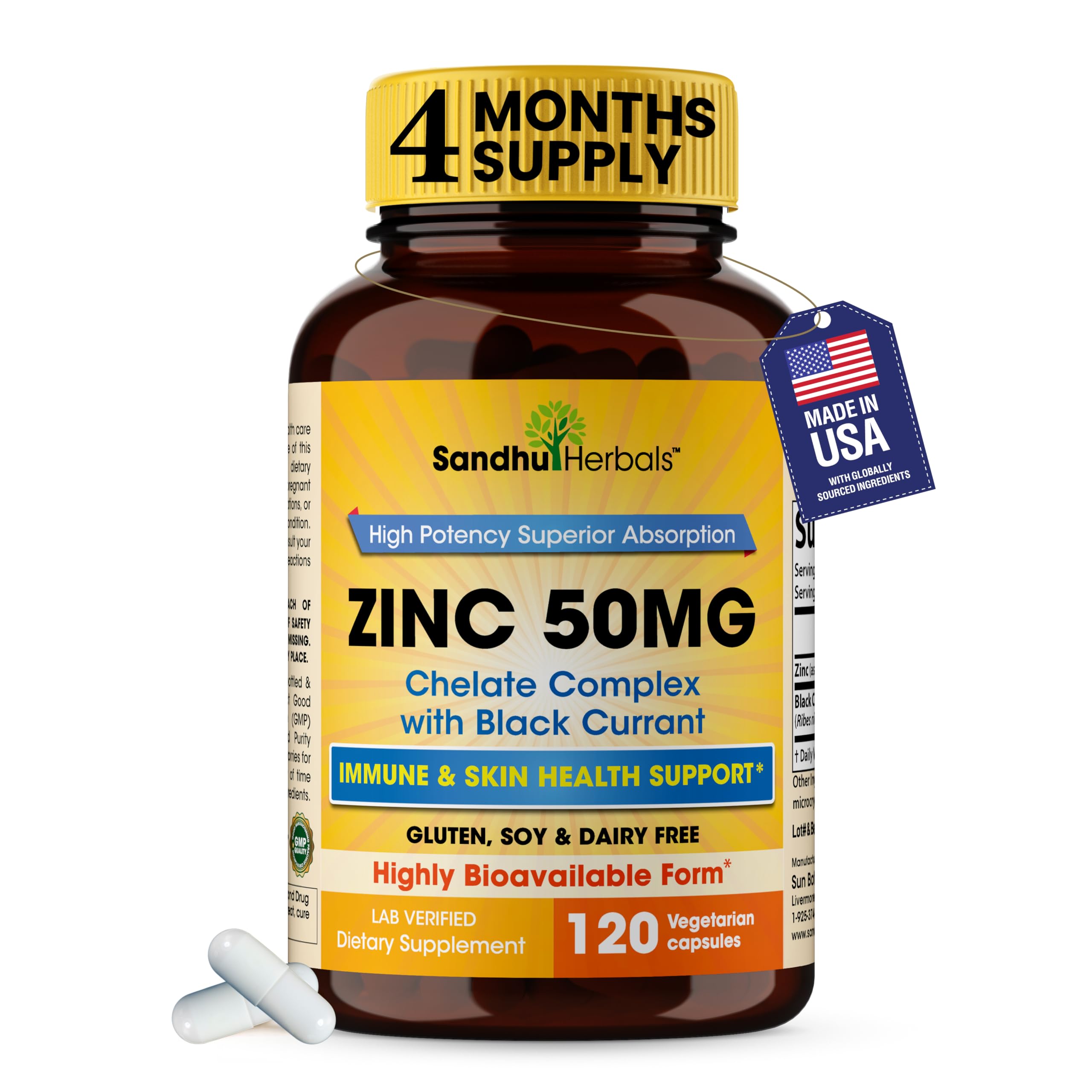 Zinc 50mg Capsules for Men and Women, 120 Count | Highly Absorbable Zinc Supplements for Immune System Support | Zink 50 mg Mono Methionine Chelated Complex |Helps with Skin Health & Overall Immunity