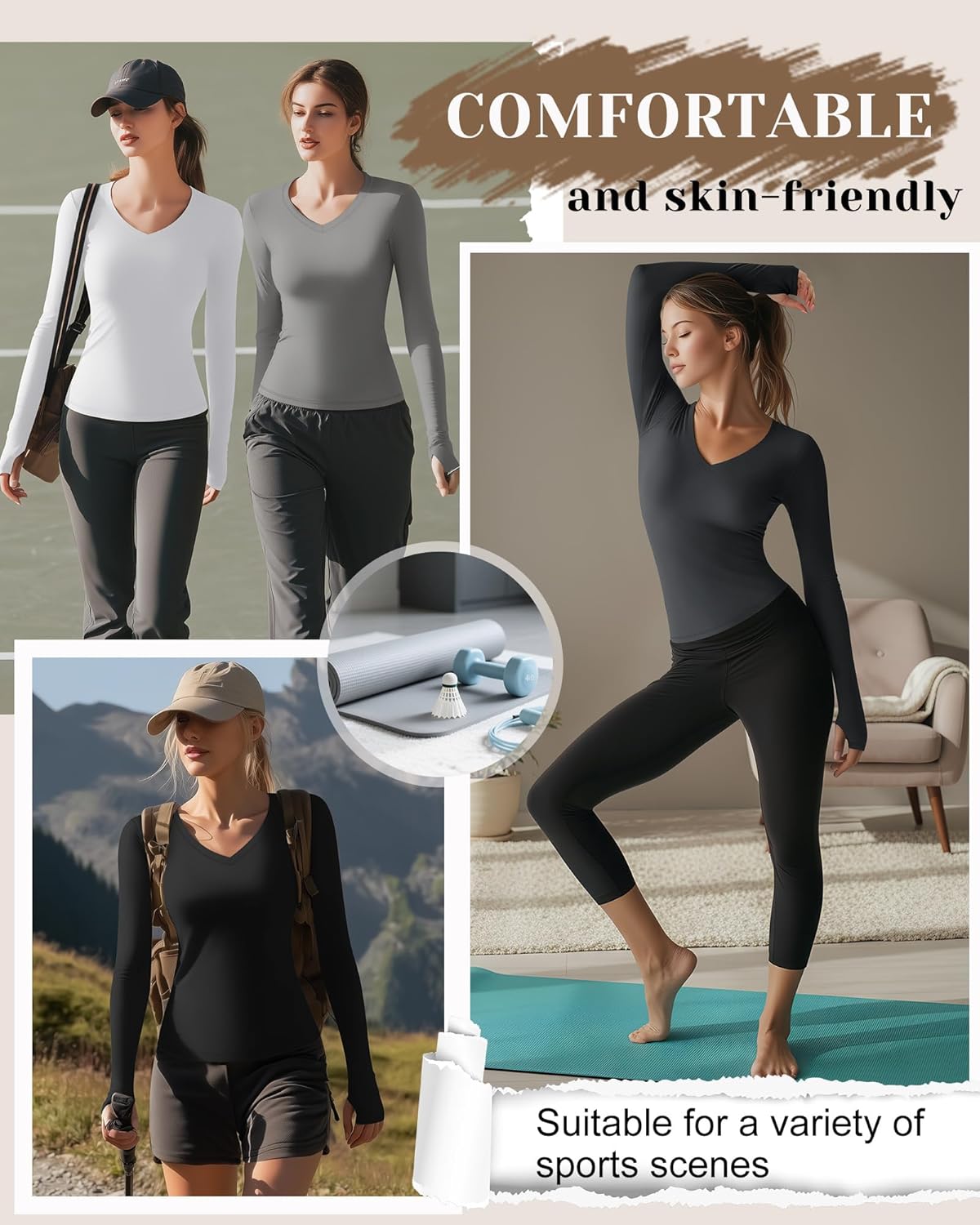 4 Pack Women's Compression Yoga Shirts with Thumb Holes Slim Fit Long Sleeve V Neck Tops Workout Gym Athletic Top - Image 4