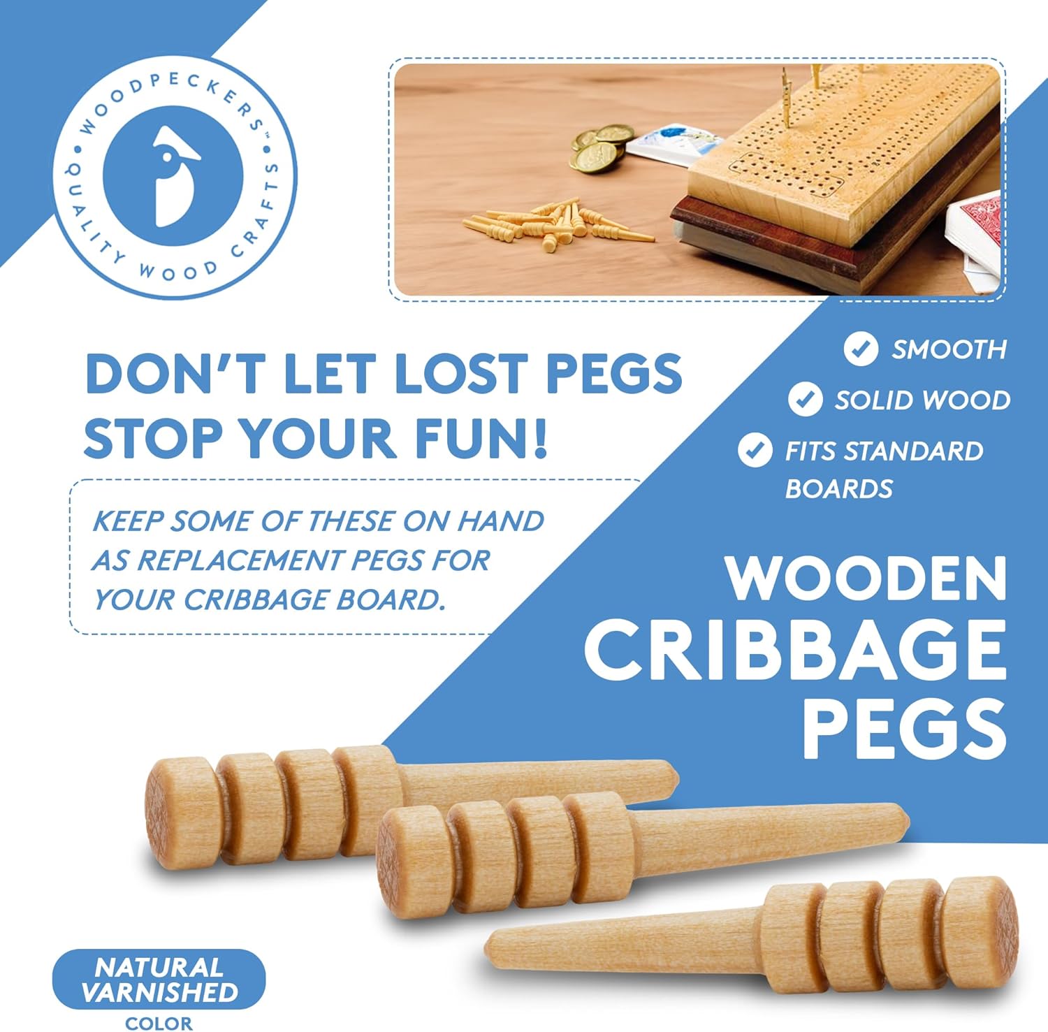 Wood Cribbage Pegs, Pack of 25 Neutral Varnished Pegs for New Set or Replacement Pieces by Woodpeckers