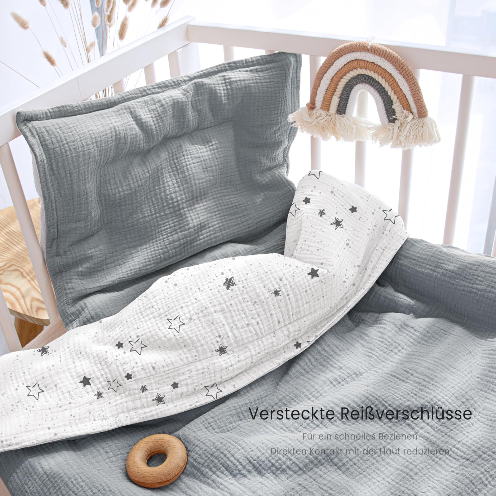 lulumoon - Set biancheria da letto per bambini in mussola, 100 x 135 cm: copripiumino 100 x 135 + federa 40 x 60 cm in cotone Oeko-TEX Standard – Set biancheria da letto leggero e confortevole per