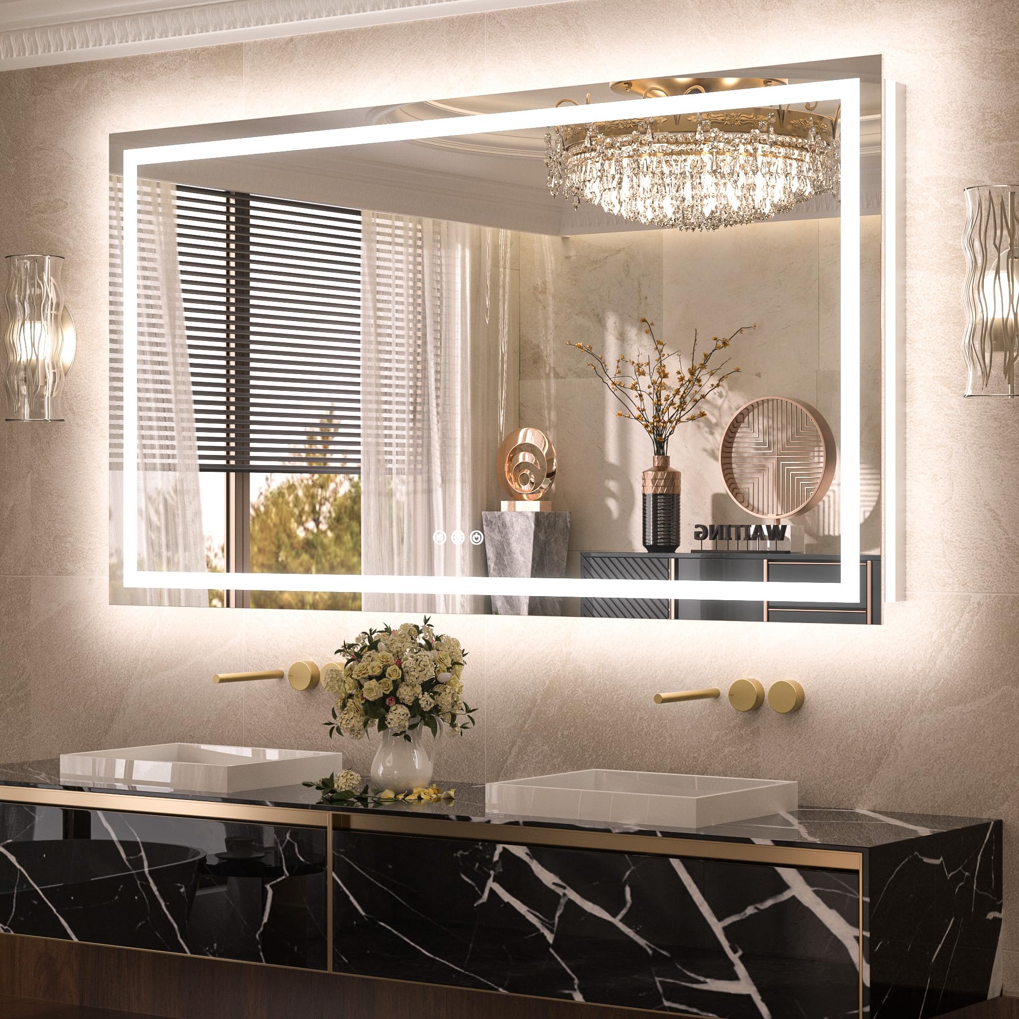 TETOTE LED Bathroom Mirror 60 x 36 Inch with Frontlit & Backlit Lighted Vanity Mirror Anti Fog Stepless Dimmable 3 Colors White/Warm/Natural,CRI90+ Double Lights,Wall-Mounted(Horizontal/Vertical)