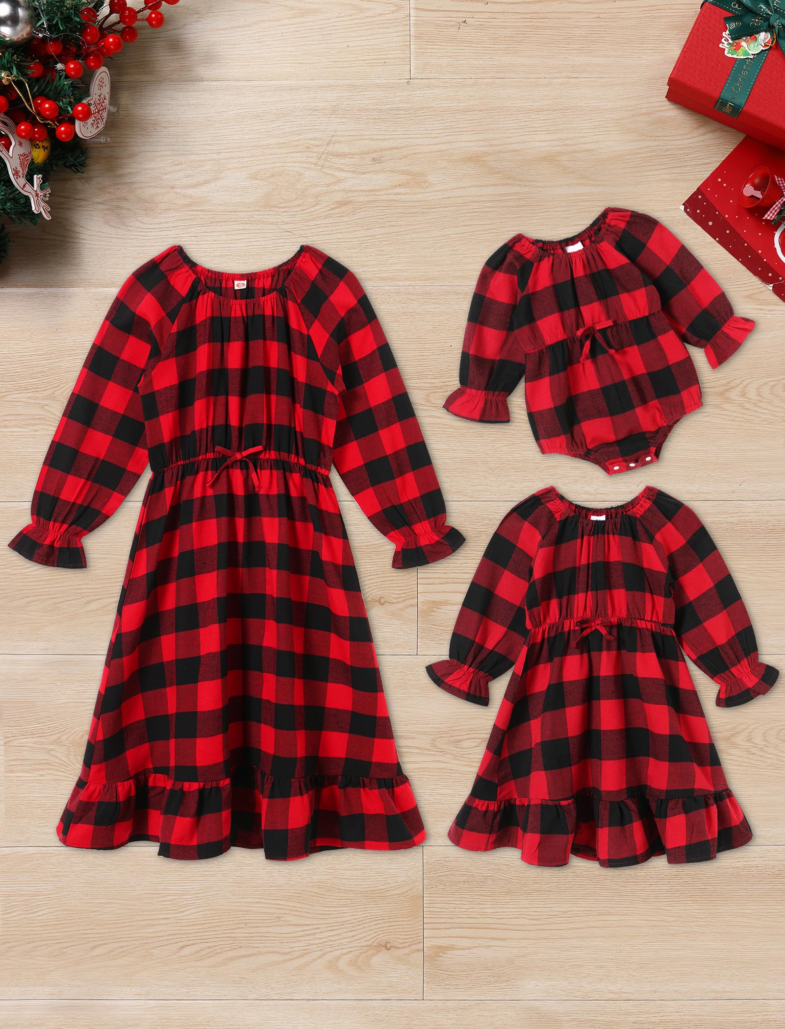 Mommy and Me Christmas Dresses Long Puff Sleeve Black White Green Red Black Buffalo Plaid Ruffle Dress Fall Winter Xmas Holiday Party Collect Waist Mom Daughter Matching Outfits Red 9-12 Months