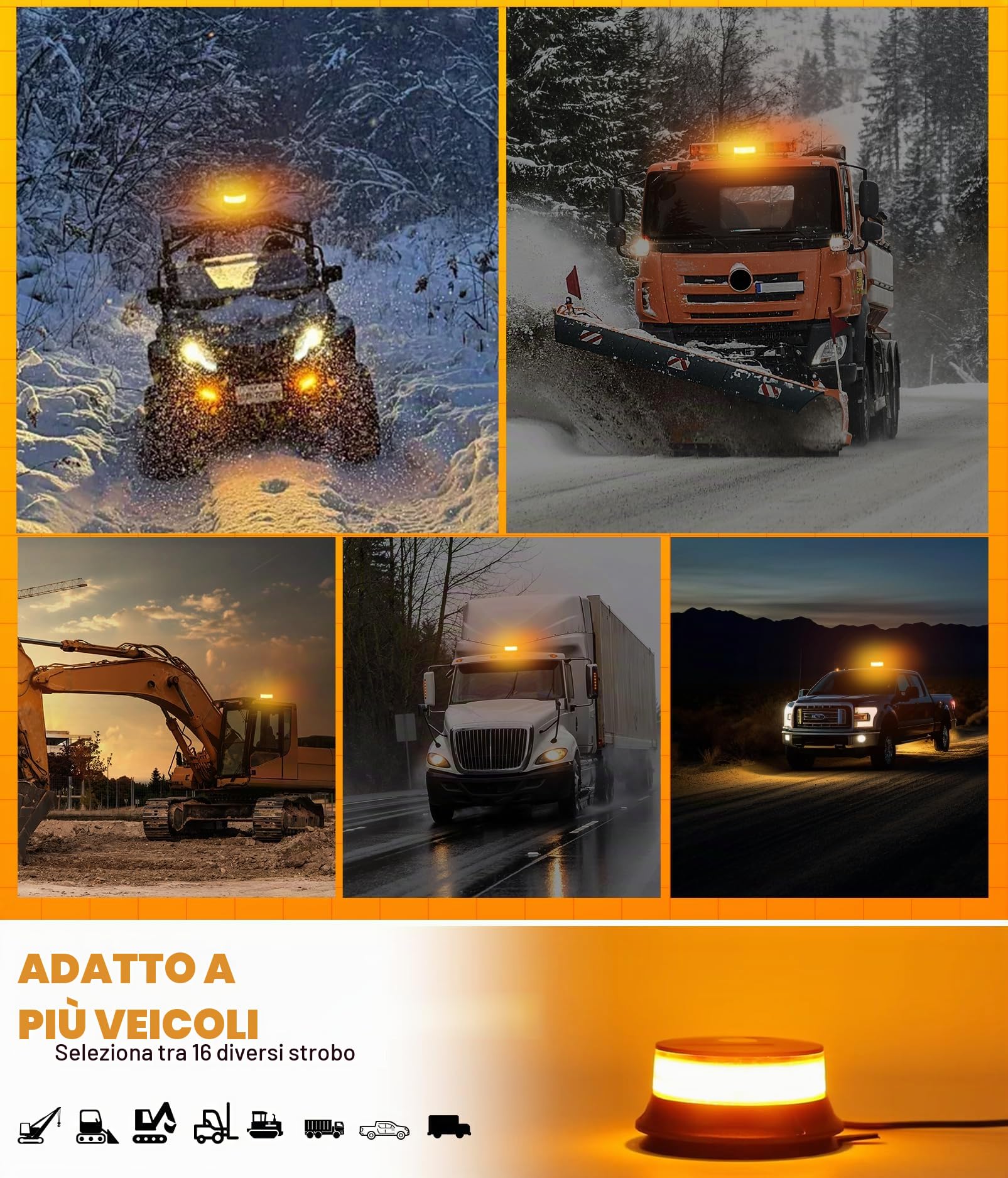 Luce stroboscopica ambra a LED, luci lampeggianti di sicurezza di avvertimento 12V-24V con base magnetica per camion spazzaneve,veicoli,carrelli elevatori,trattori,carrelli da golf,autobus