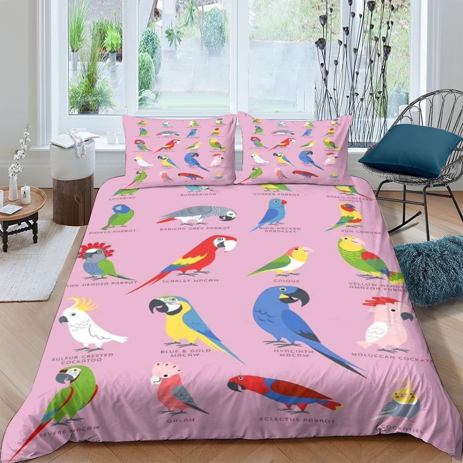 GPLZQXKJNH 3D Printed Parrot Bird Duvet Cover Microfiber Soft Pink Tropical Bedding Set with 2 Pillowcases for Bedroom Home Decor Single（135x200cm）