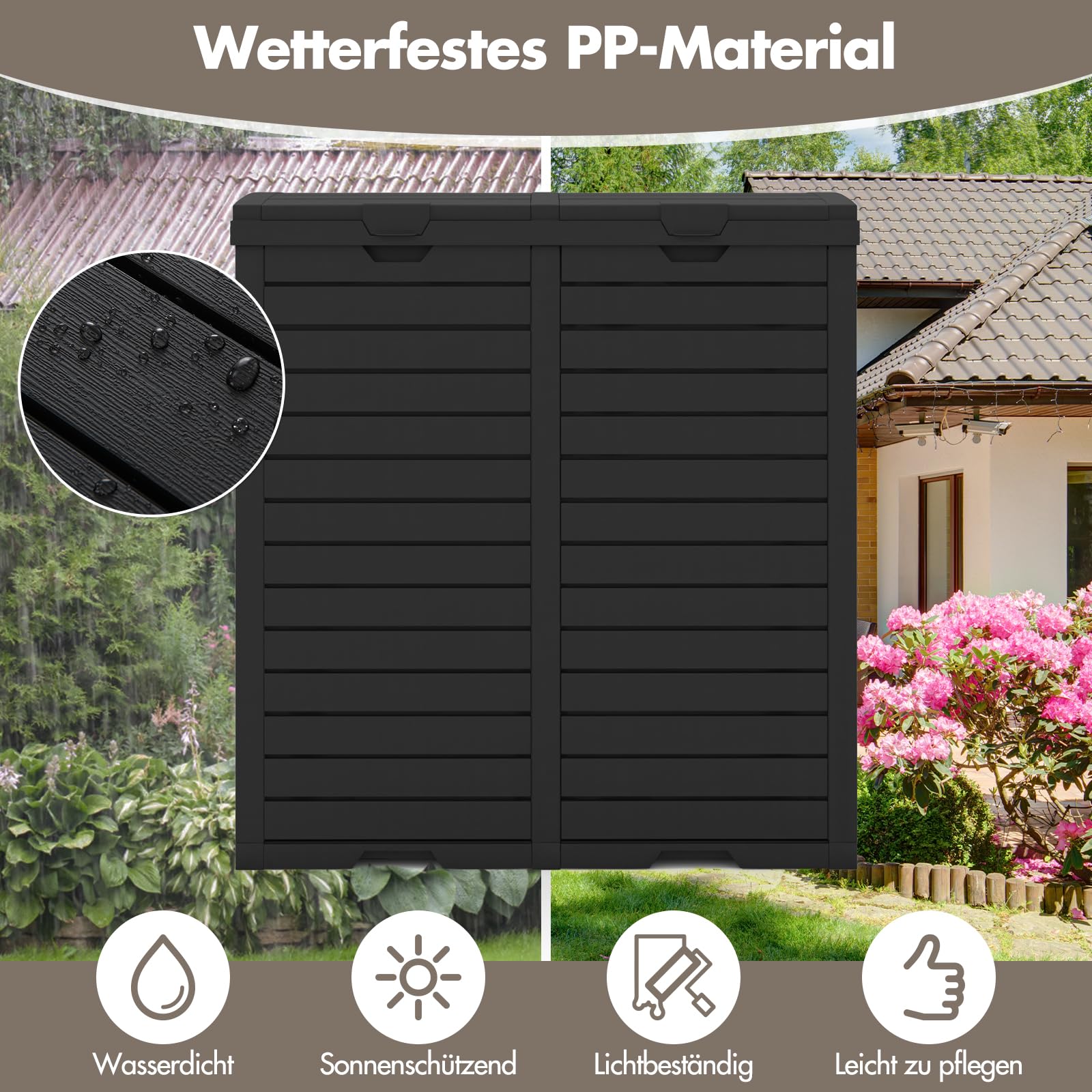 COSTWAY Mülleimer mit Doppeldeckel, 235 L, Mülltonne Outdoor, Abfalltonne mit ausziehbarer Auffangschale & Griff, wasserdichter Müllbehälter, Abfalleimer für Garten Hinterhof Terrasse (Schwarz)