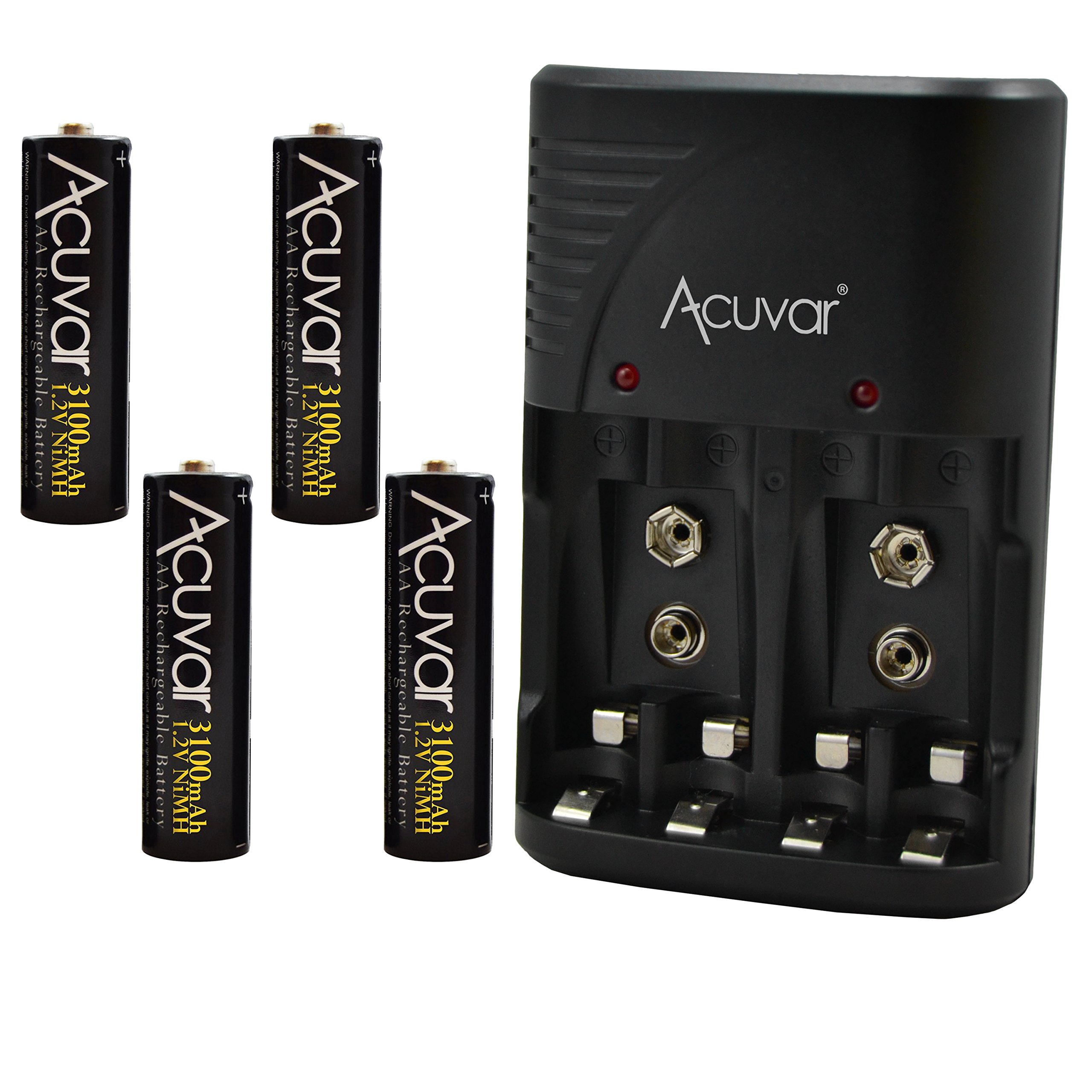 4 Acuvar AA Rechargeable Batteries + Acuvar 3 in 1 Battery Charger for Double AA, Triple AAA and 9V Batteries