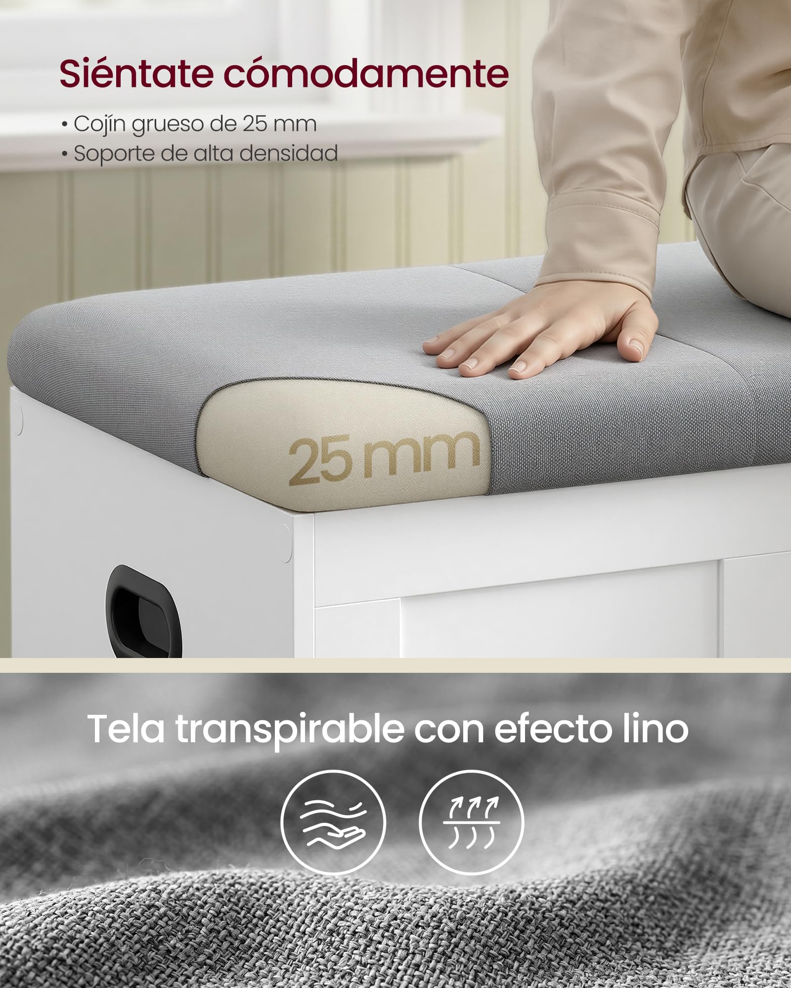 VASAGLE Banco Arcón con Tapa, 2 Bisagras de Seguridad, Banco Zapatero, Estilo Rústico, para Recibidor, Dormitorio, Salón, 41 x 101 x 49 cm, Blanco Mate y Gris Paloma LSB068W101