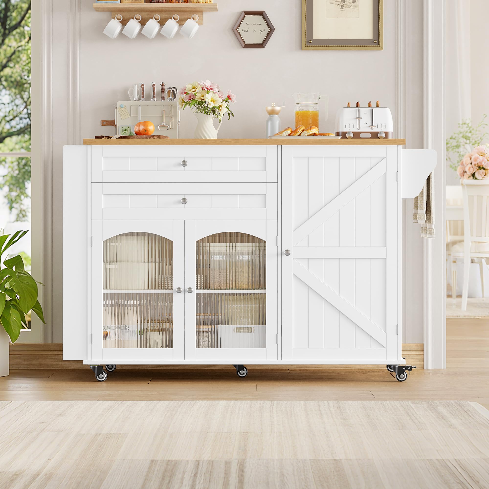 FirFurd Îlot Central Cuisine Desserte Cuisine à roulettes avec Plans de Travail Rabattable Meuble de Cuisine avec 2 Tiroirs, 3 Portes, Support à Épices, Porte-Serviette 132x40x97,5cm Blanc