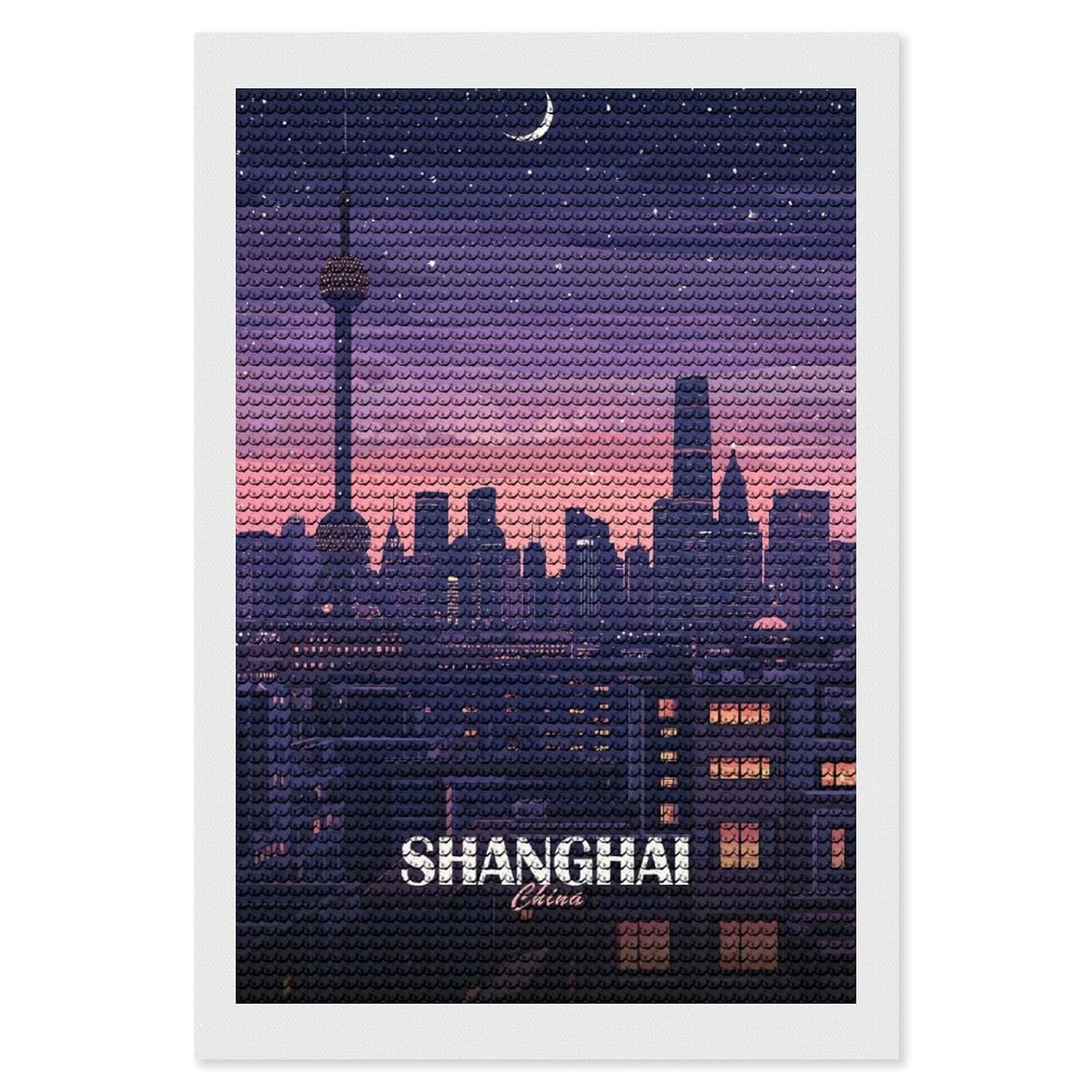 Junmoney Shanghai China Cityscape at Night Diamond Art Kit 8"x12", Modern Decor, for Adults, Printed Canvas, Holiday Gift Idea, Fun Craft Experience