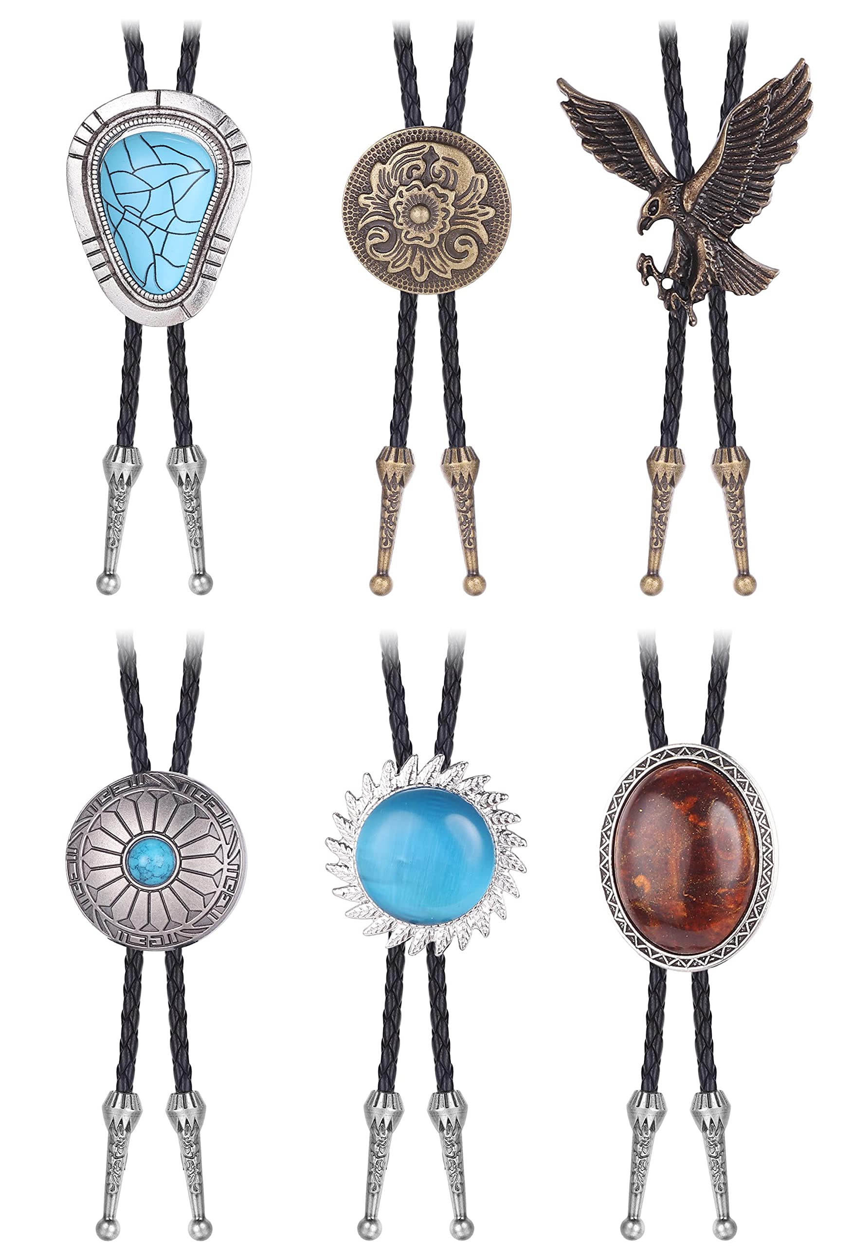 Subiceto 6Pcs Bolo Tie for Men Western Cowboy Natural Turquoise Tiger Eye Stone Necktie Native American Bola Tie Set